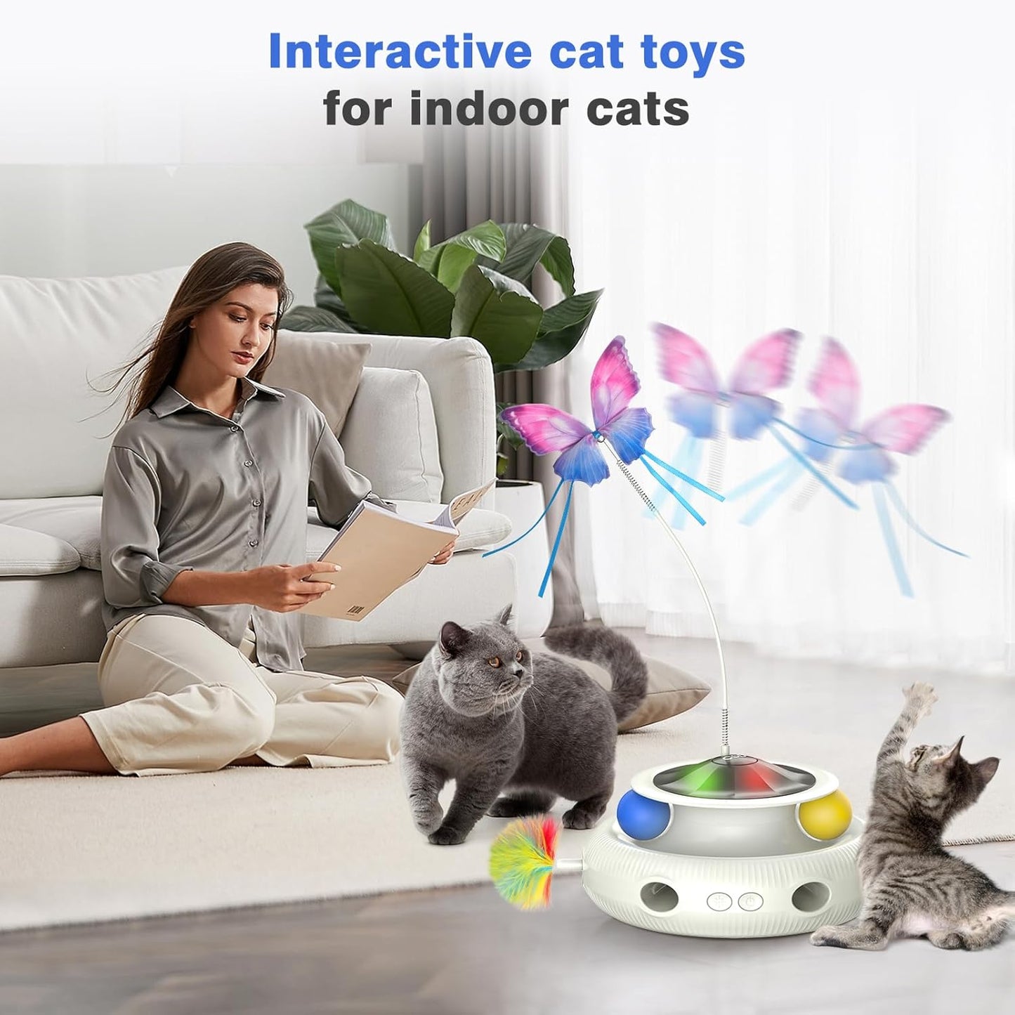 Automatic Interactive Cat Toys for Indoor Cats & Bored Adults - Kitten Toys with Fluttering Butterfly, Ambush Feather & Track Balls - Exercise & Stimulation for Playful Cats (Beige)