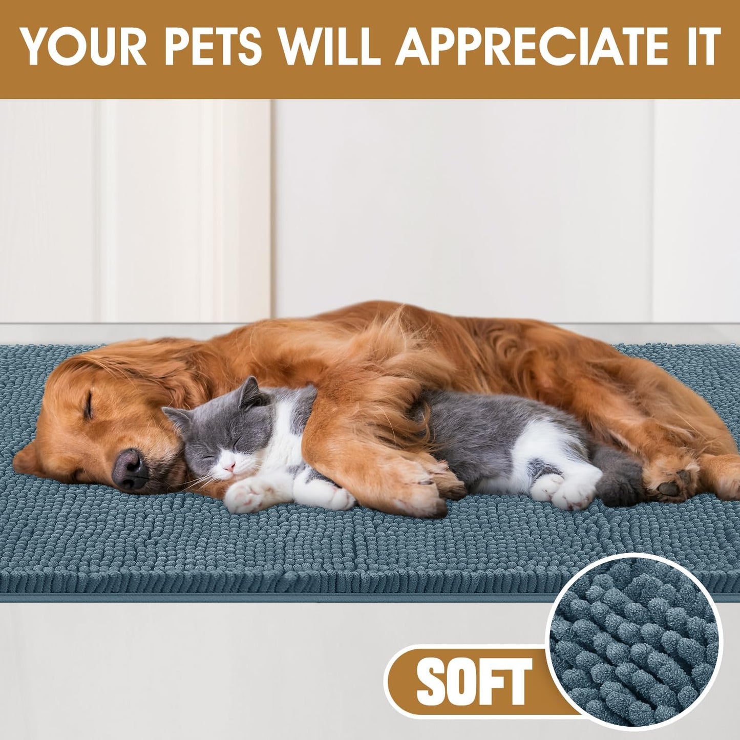 Extra Large Dog Door Mats for Muddy Paws, Chenille Absorbent Dog Mats, Non Slip Heavy Mud Mat for Dogs, Soft Pet Mat for Entryway, Mud Paws, Inside Floor,71" x 25", Dusty Blue