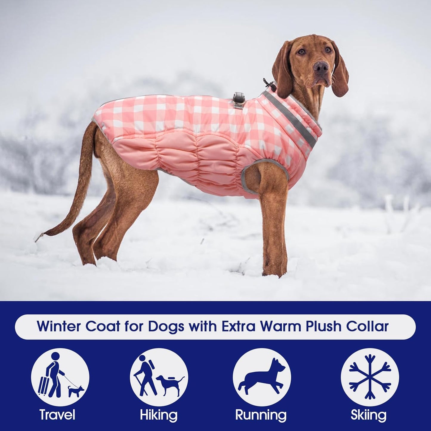 FUAMEY Dog Coat for Large Dogs,Waterproof Dog Winter Jacket with Harness Built in Puppy Cold Weather Coats Reflective Pet Vest with Zipper Warm Fleece Dogs Snowsuit Windproof Pink Plaid L