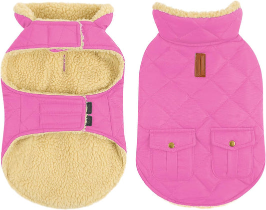Queenmore Dog Winter Coat - Fleece Jacket, Waterproof Cold Weather Dog Clothes, Thick Warm Cotton Padding, Easy On Storage Pockets (Pink, X-Small)