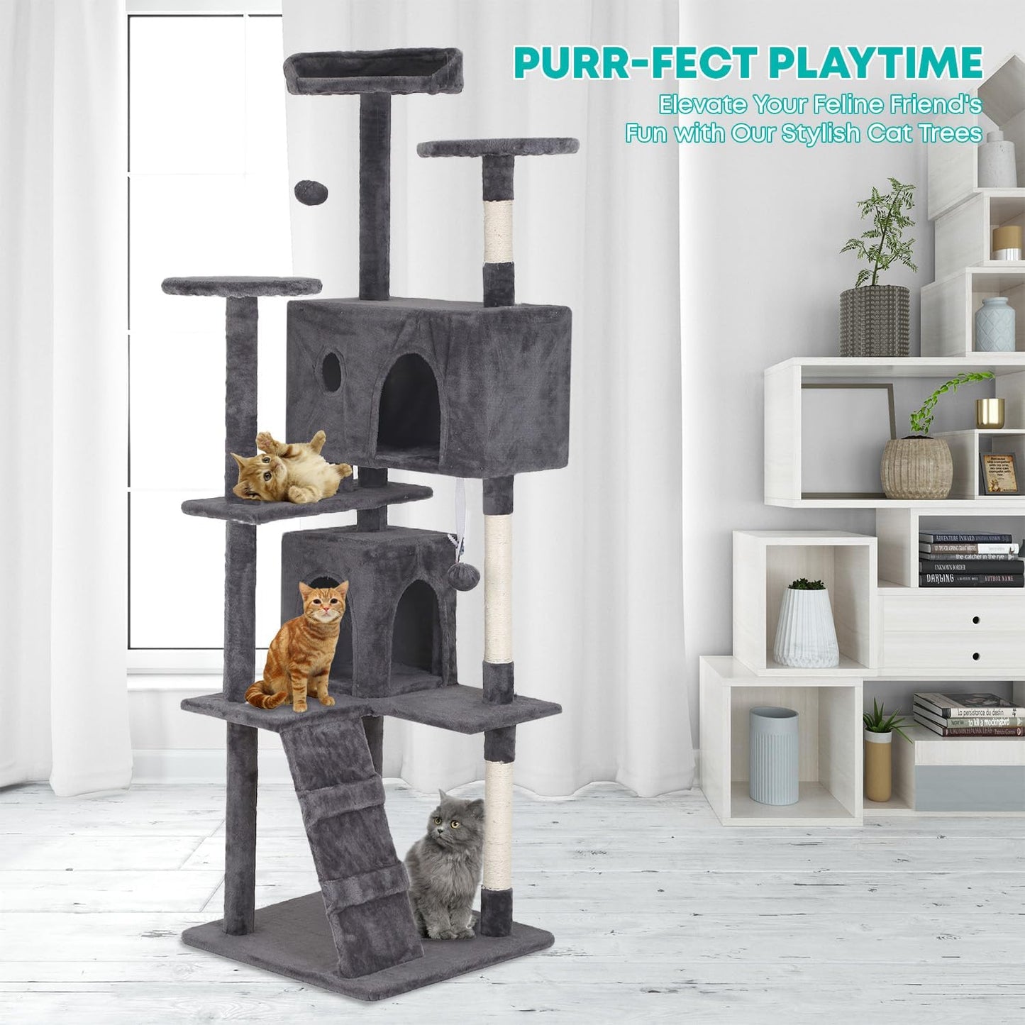 FDW Cat Tree 70in Cat Tower Multi-Level Durable Cat Scratching Post & Cozy Fun Cat Jumping Platform Space Saving Cat Condo Pet Play House for Indoor Cats,Light Gray
