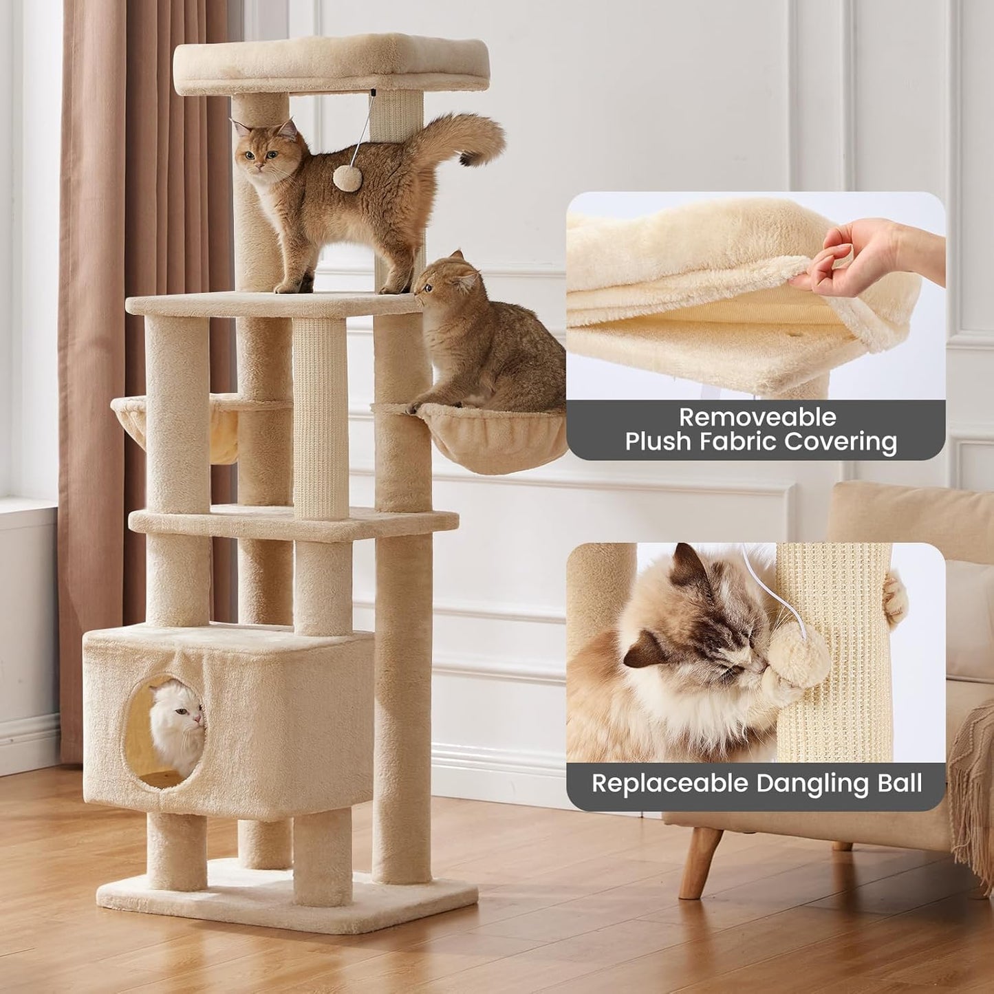 Gardner Pet 65in Heavy Duty Cat Tree Tower for Large Cats, Multi-Level Cat Furniture with Replaceable Sisal Scratching Post, Hammock | Extra-Large Platform & Condo (Upgraded Beige)