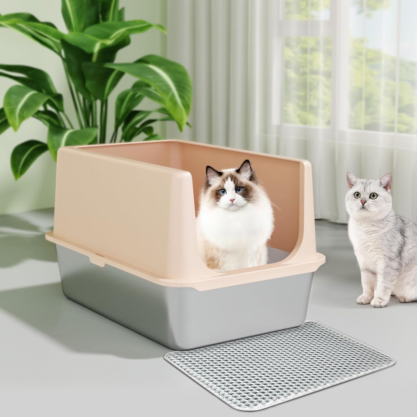 Stainless Steel Cat Litter Box, Metal Litter Box with Lid, 14" Extra Large Litter Boxes for Big Cats, High Sided Beige Cat Box Enclosure Blends with Home Decor, Non-Sticky, Anti-Leakage, Easy Clean