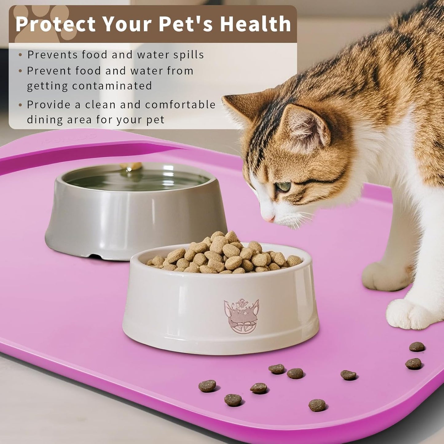 Silicone Pet Feeding Mat with Raised Edge & Residue Collection Pocket for Food and Water, Dog Bowl Mats, Cat Bowls Placemat with High Lip for Floor Waterproof, 19 x 12 x 0.7 Pink