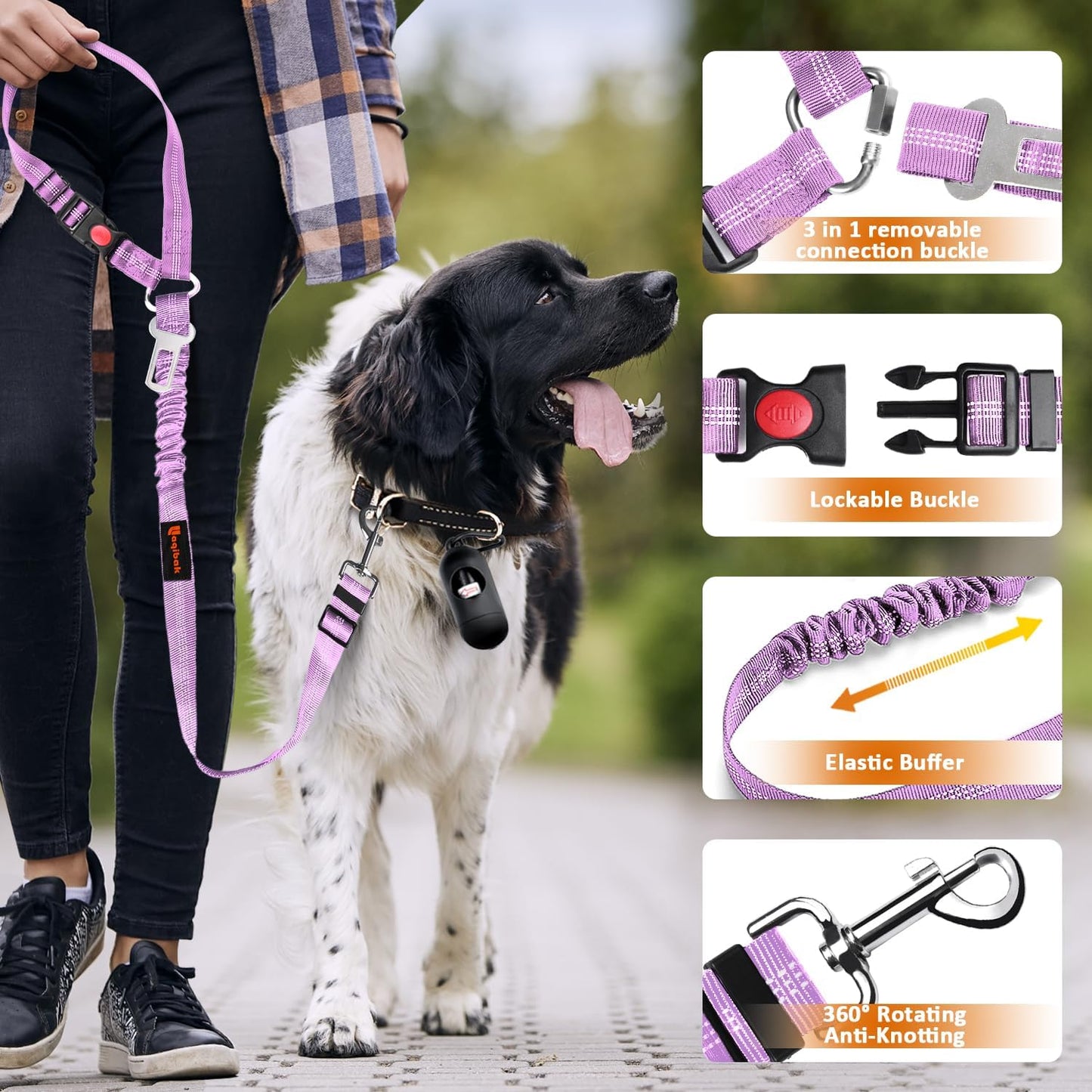 Removable Dog Seat Belt Harness for Car, 3 in 1 Pet Dog Car Seatbelt Leash, Retractable Restraint Secures to Vehicle Headrest & Adjustable Reflective Bungee Dog Seatbelt Tether, Purple and Black