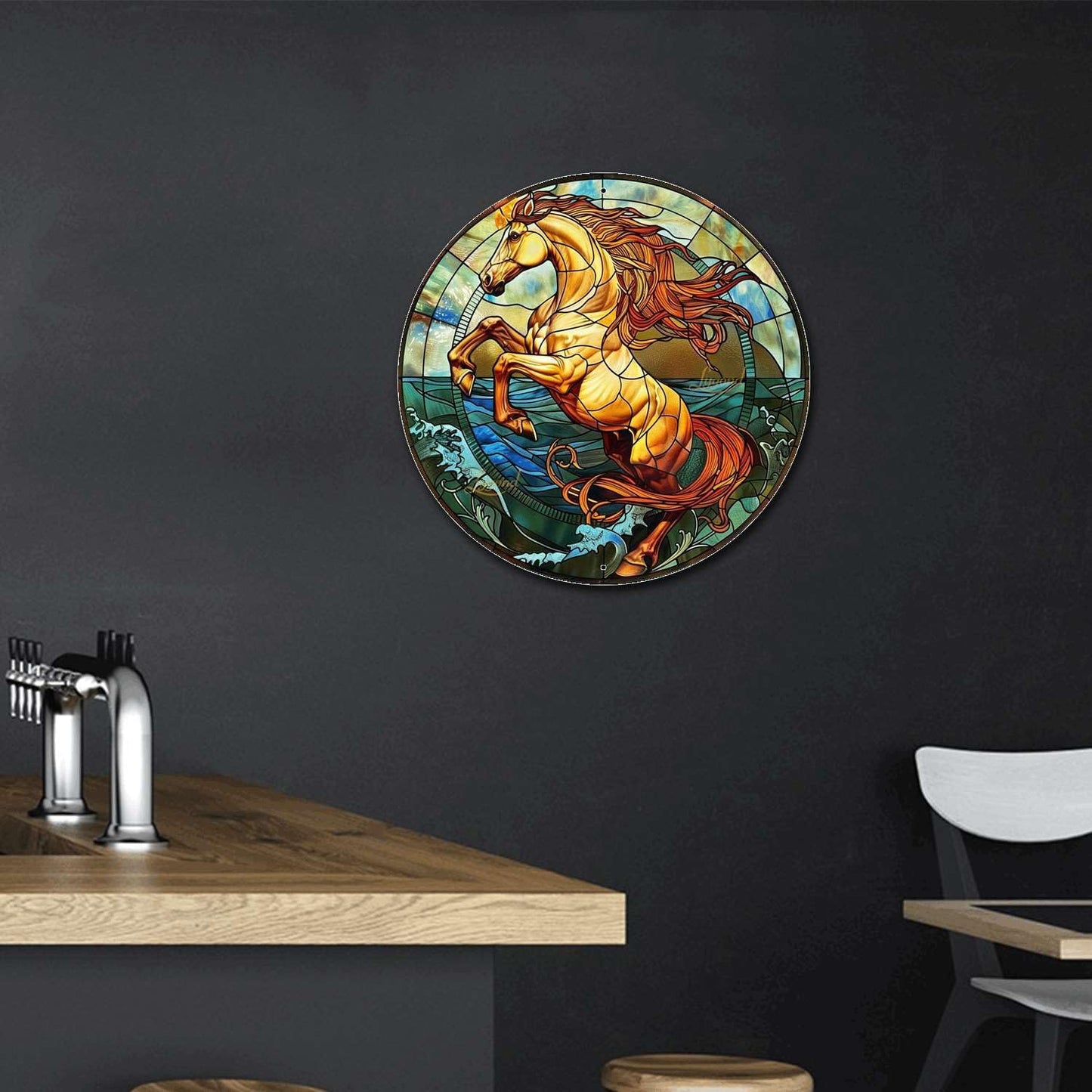 Lygond Metal Sign Tin Sign Circular Stained Glass Horse Boho Office Decor For Yard 8×8 Inches