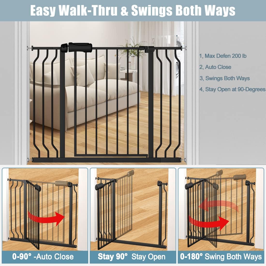 Extra Wide Baby Gate Black 53-57.5 Inch Wide Walk Through Pressure Mounted No Drill Long and Large Tension Metal Gate for Dog and Toddler