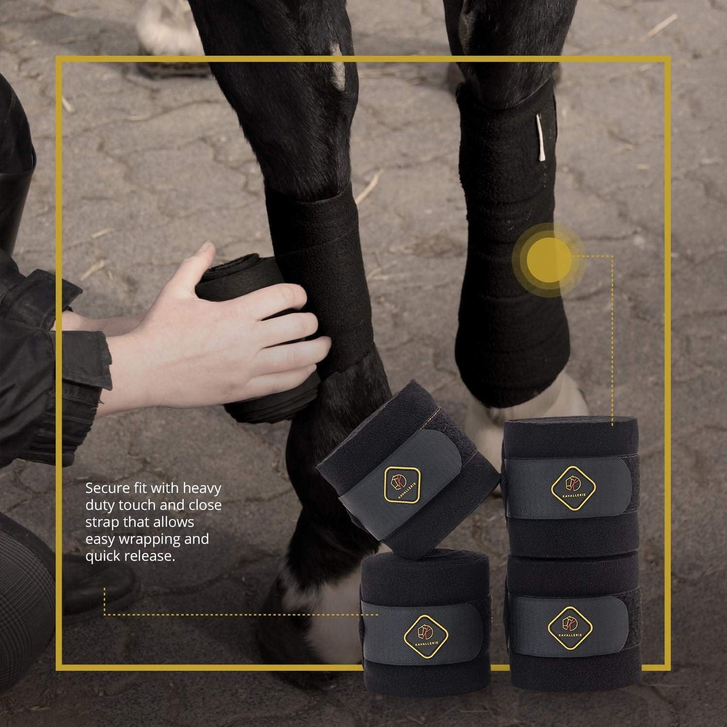 Kavallerie Classic Bandage for Horses, Distributes Pressure Evenly with Therapeutic Breathable Fleece Material, Stretchy, Provides, Leg Protection and Support - Black - (4 Units per Pack)