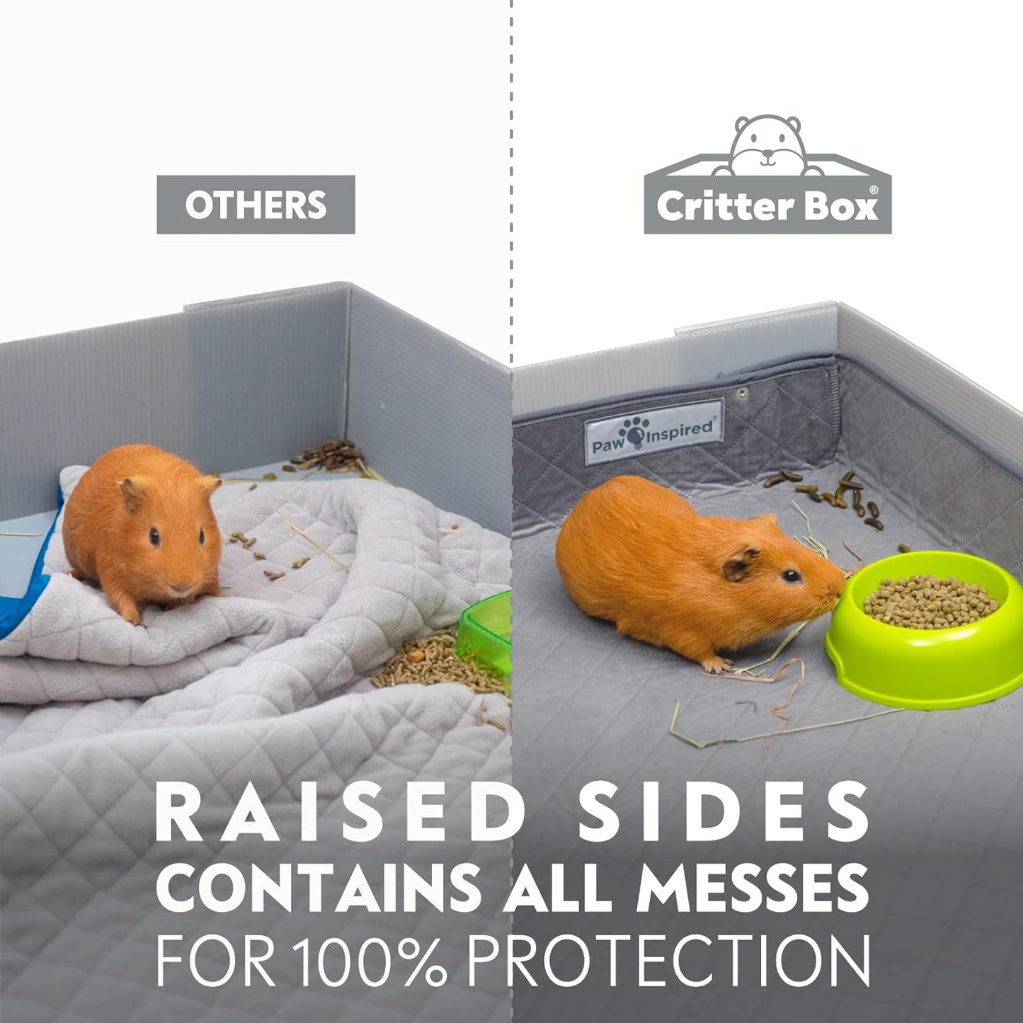Paw Inspired Critter Box Washable Cage Liner, Reversible Fleece Bedding with Raised Sides for Guinea Pigs and Other Small Animals (C&C 2x4 (14" Grids), Gray/Blue)