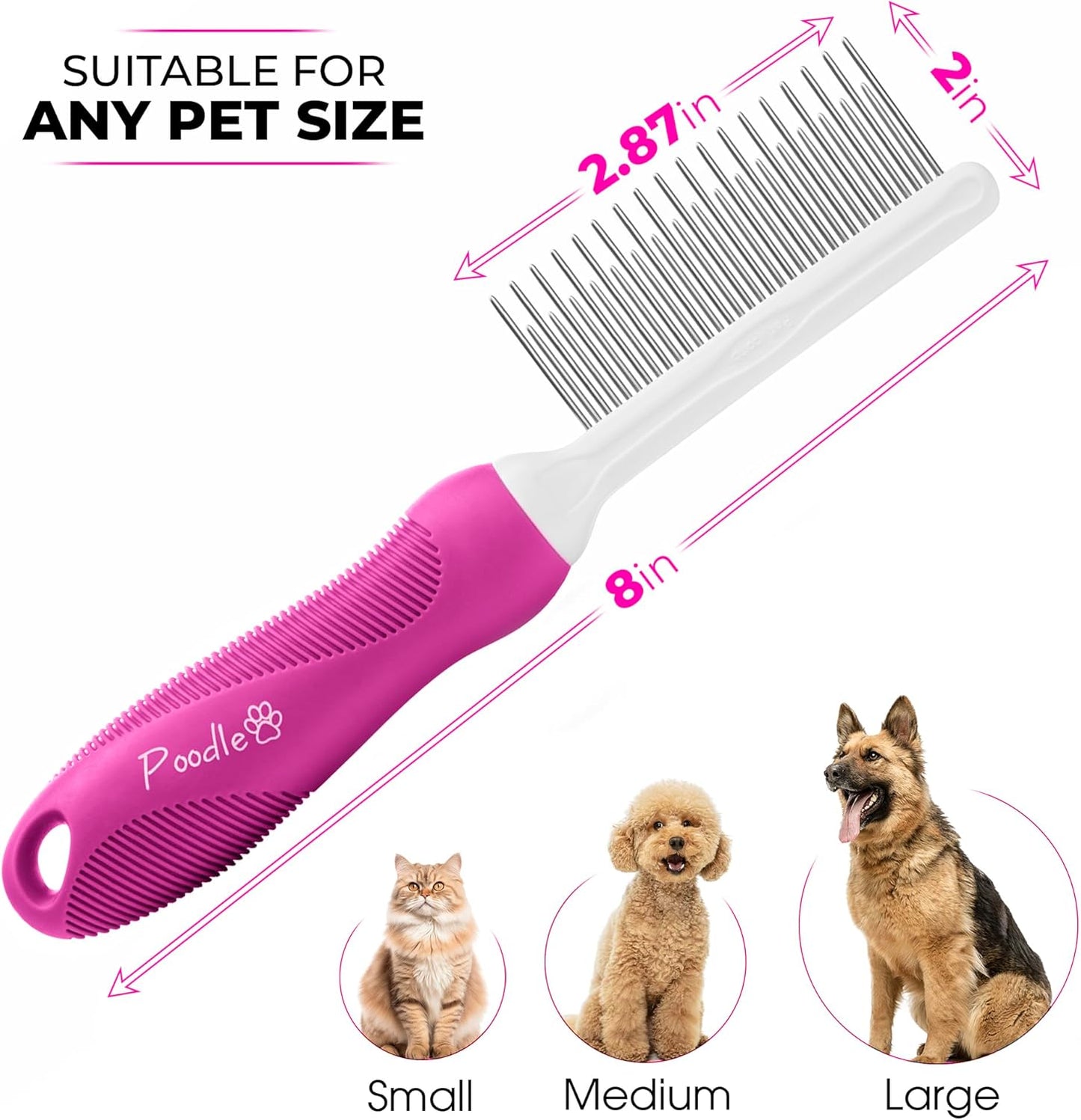 Poodle Pet Detangling Pet Comb with Long & Short Stainless Steel Teeth for Removing Matted Fur, Knots & Tangles – Detangler Tool Accessories for Safe & Gentle DIY Dog & Cat Grooming (Pink)