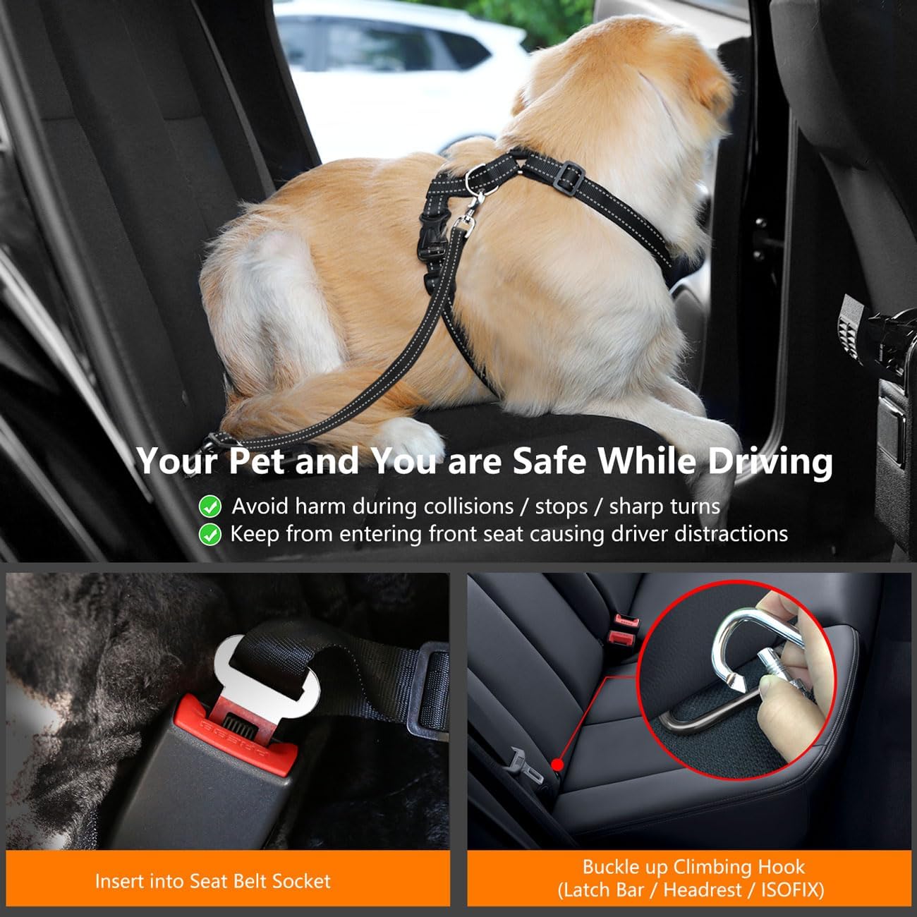 Dog Seat Belt Harness for Car, Dog Car Harness Adjustable Mesh Breathable & Dogs Seatbelt Safety Tether with Elastic Bungee for Small Medium Large Pets(Carbon Black, XL)
