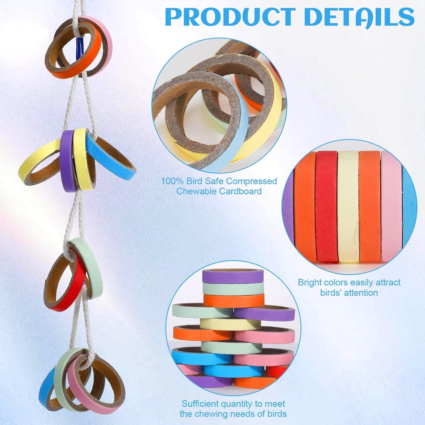 Jenaai 24 Pcs Chew Bagels Bird Toys for Parrots 2.4 Inch Wood Bird Chew Toys Colorful Cardboard Foraging Chew Foot Wooden Training Toy for Cockatiels Cockatoos Macaws and Similar Sized Pet Birds