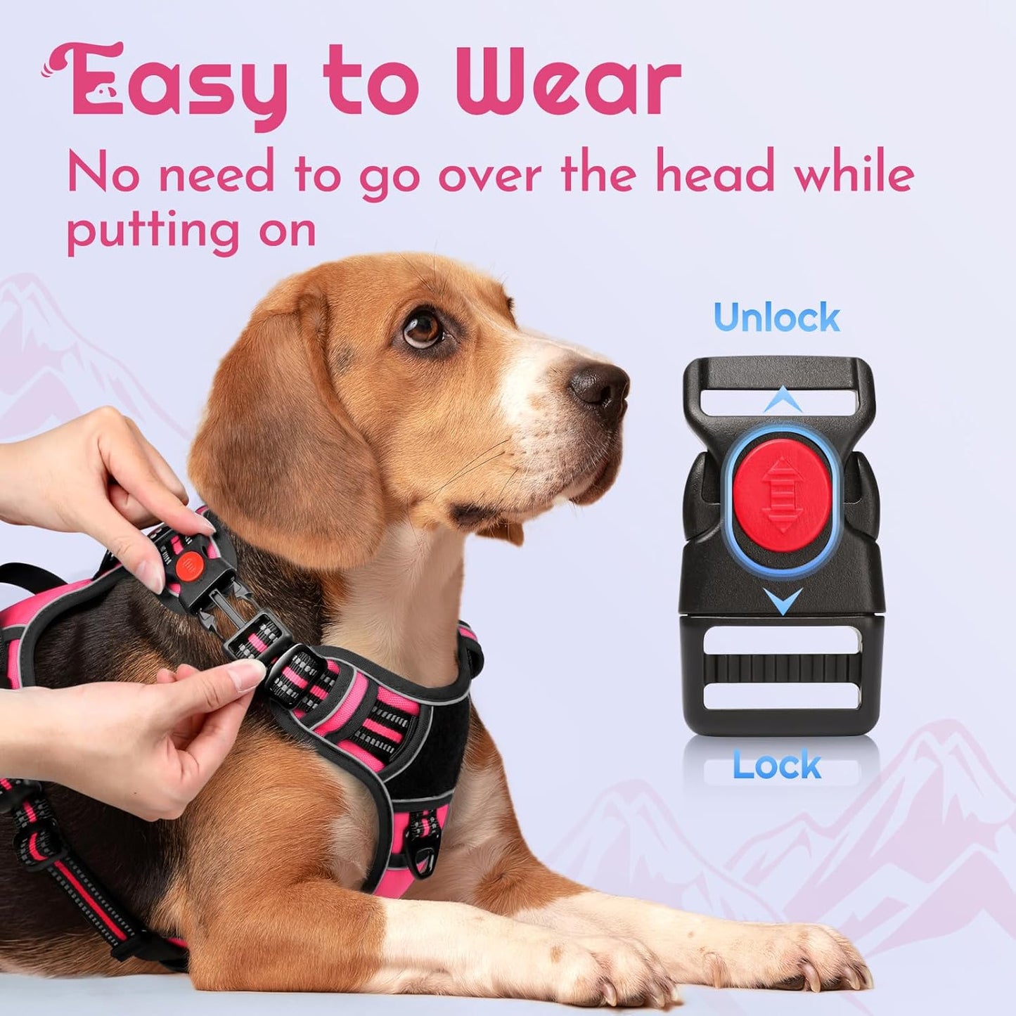 Eagloo Dog Harness for Large Dogs, Easy Wearing with 3 Buckles, Adjustable No Pull Pet Harness with 2 Rings for Walking, No Chock Reflective Soft Padded Vest with Control Handle, Pink & Black, L