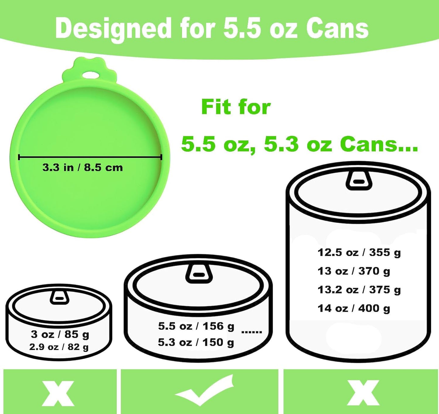 Comtim Cat Food Can Covers Lids for 5.5 oz Cans, 2 Pack Silicone Cat Food Can Lids for 5.5 oz 5.3 oz Cans...Pet Food Can Covers Reusable Can Toppers Savers for Wet Food (Green)