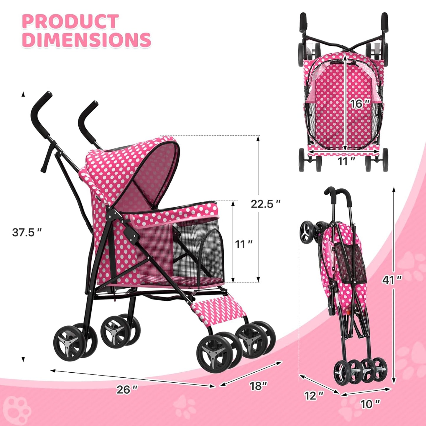 Magshion Compact Pet Stroller for Small-Medium Dogs/Cats up to 22lbs, 4-Wheel Lightweight Umbrella Shaped Portable Puppy Travel Jogger with Breathable Mesh & Rear Storage, Pink Polka Dots
