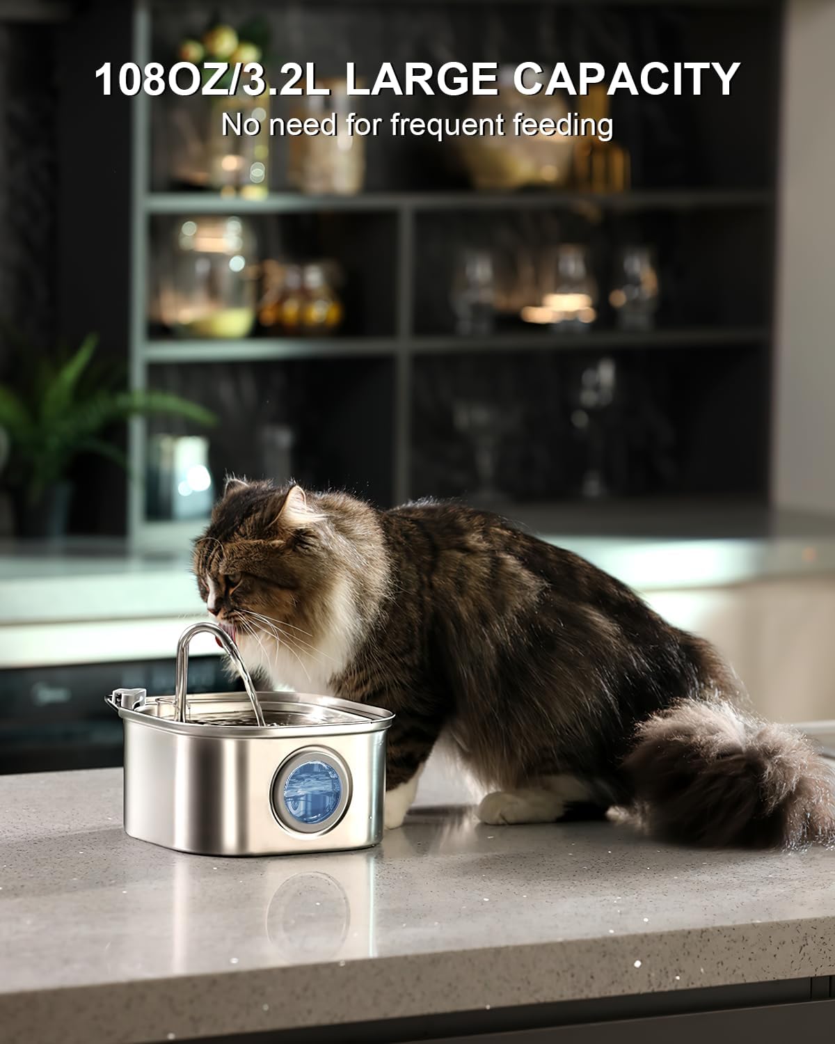 Cat Water Fountain Stainless Steel: 108oz/3.2L Automatic Pet Water Fountain - Dog Water Dispenser with Water Level Window - for Cats Inside with 8 Replacement Filters and 8 Sponges