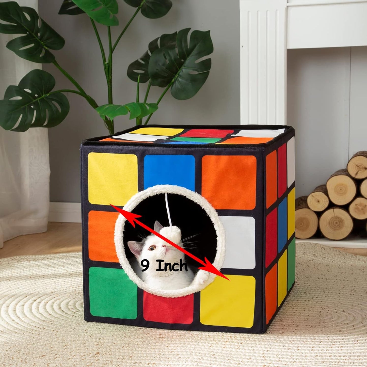 LUCKITTY Cat Condo House with Reversible Cushions and Fluffy Ball Hanging, Foldable Magic Cube, Large Cave Bed for Indoor Cats, Unique Puzzle Shape Lagre 16.5“ x 16.5" x 16.5”