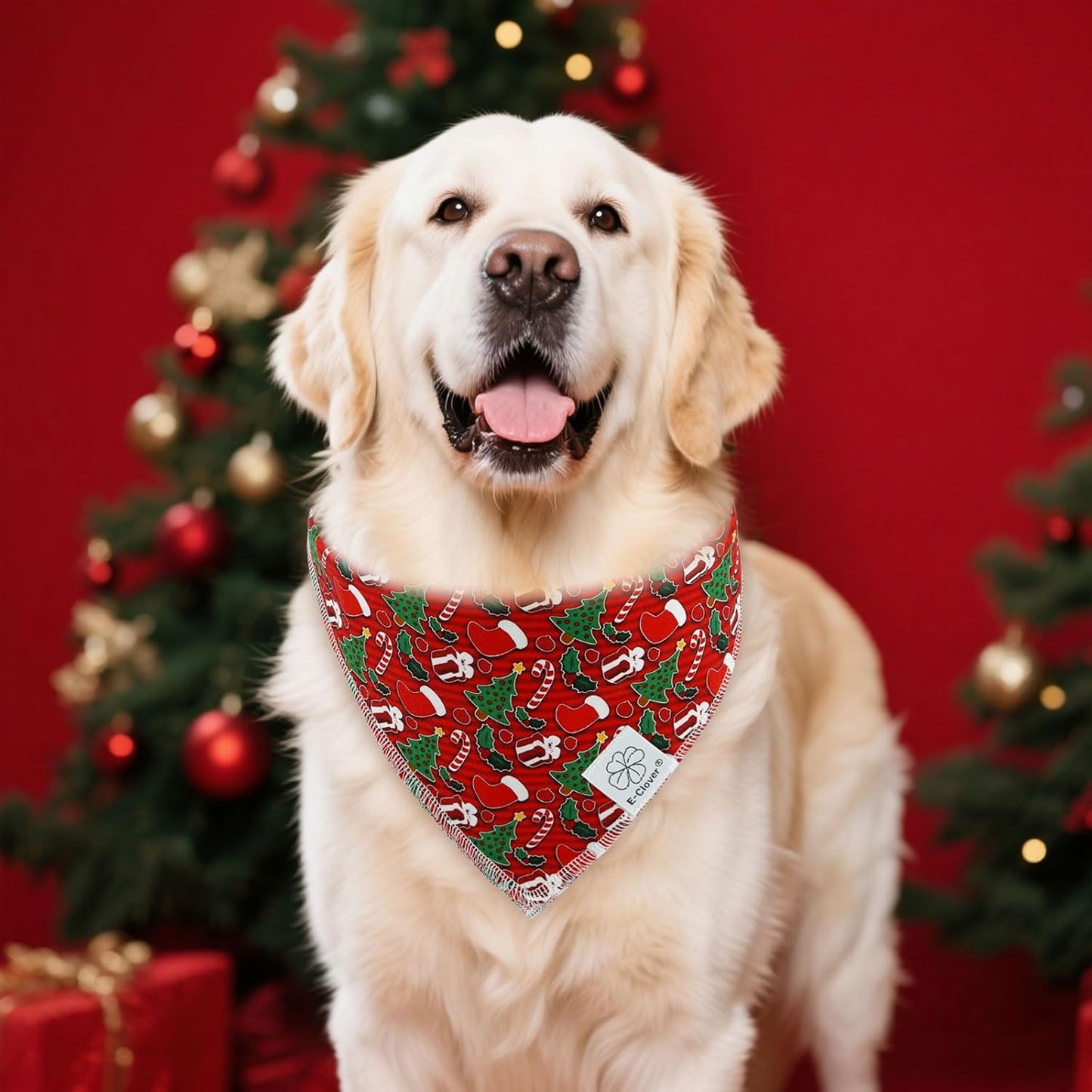E-Clover Christmas Dog Bandanas & Matching Scrunchie Set Green Red Dog Scarf Bibs Pet Bandana with Bow Tie for Medium Large Dogs Owner Mom Winter