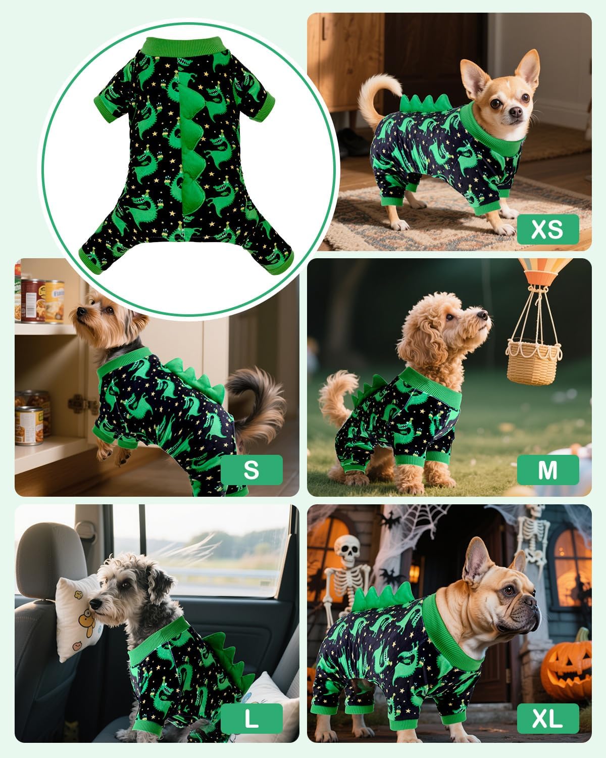 CuteBone Dinosaur Costume Dog Pajamas, Stretchy Spandex Crystal Velvet Sleepwear Coat for Small Dogs, Soft & Warm Pet Outfit Clothes for Cold Weather, Cozy Pullover Design COSP14XS