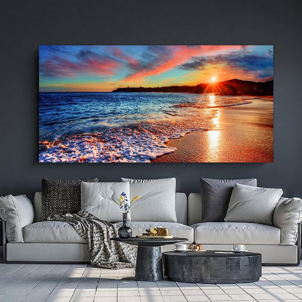 Yxbhhym-Beach Wall Art Pictures Decor for Bedroom Large Ocean Canvas for Wall Art Living Room Sunset Painting Coastal Artwork for Wall Seascape Print Sea Poster Landscape Office Art Home Decorations