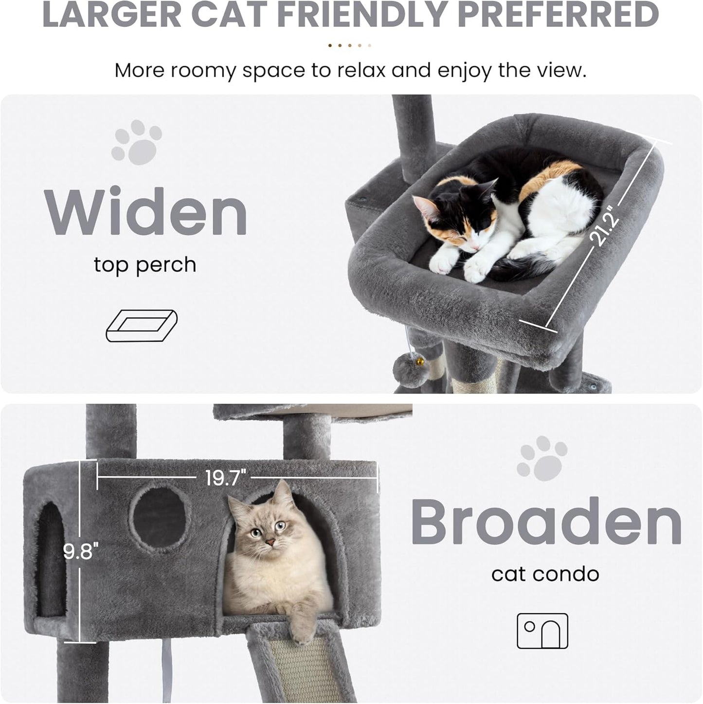 SHA CERLIN 65in Larger Cat Tree Tower Condo for Indoor Kitties/Multi-Level Furniture Activity Center with Wide Base/Cozy Plush Cat Perches/Baskets/Sisal Scratching Posts and Hammock/Grey