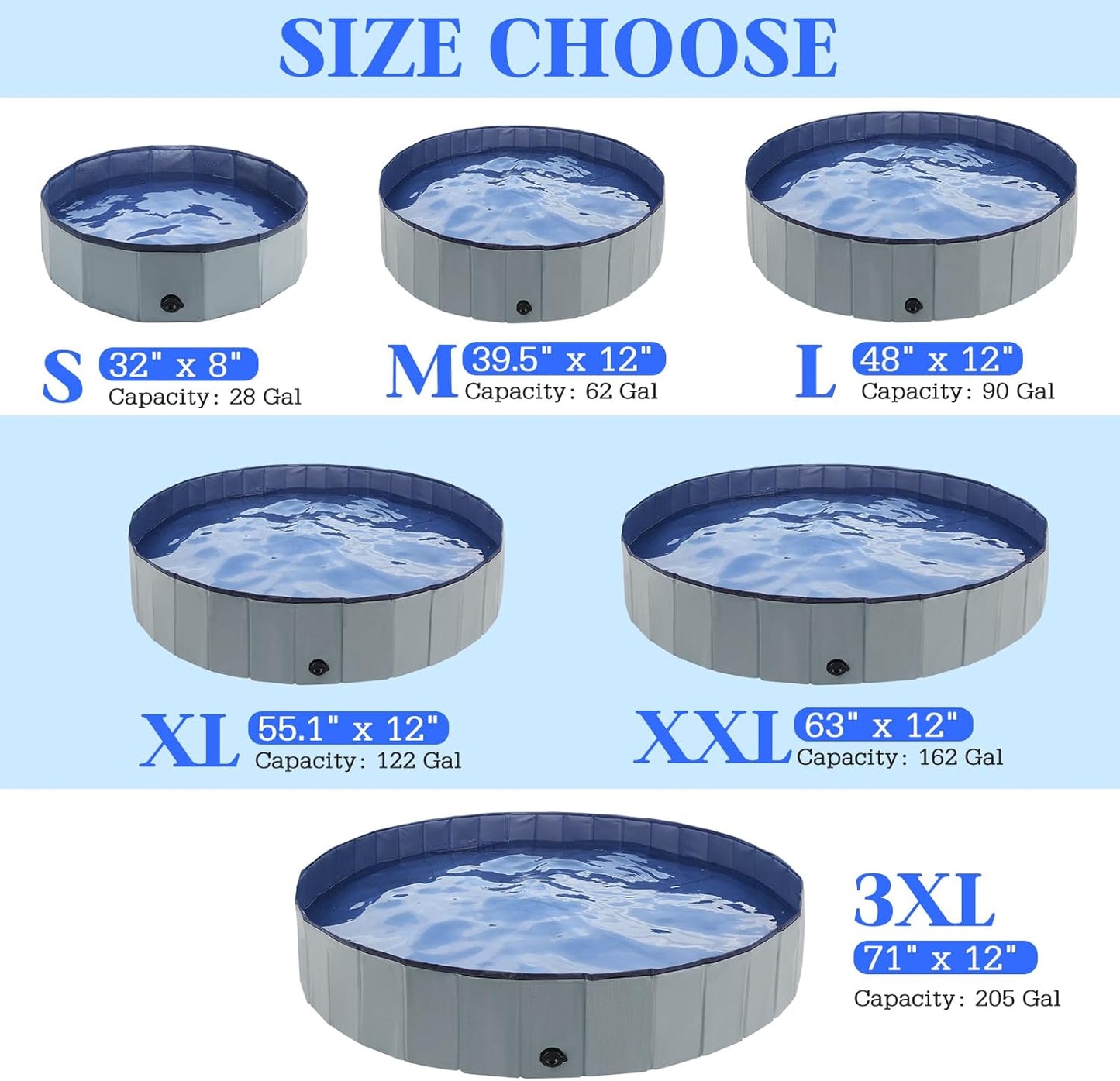 Foldable Dog Bath Swimming Pool Plastic Kiddie Pool Professional Tub Collapsible Grooming Bathtub for Pets Kids Baby and Toddler, 39.5 x 12 Inches Gray