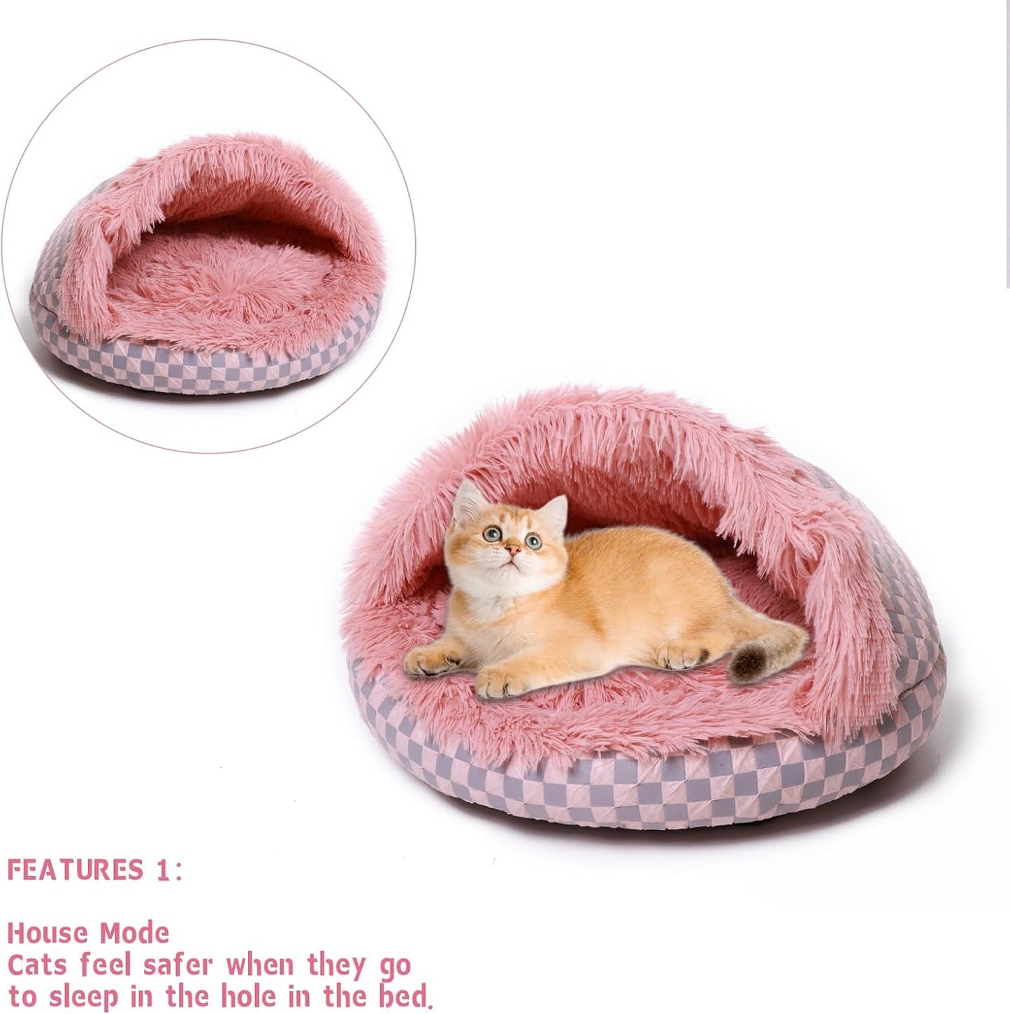 Cat Bed Hooded Plush Nest with Self-Warming Cozy Cave, Calming Anti-Anxiety Pet Bed for Indoor Cats & Small Dogs, Removable Washable Cover & Waterproof Bottom - Pink