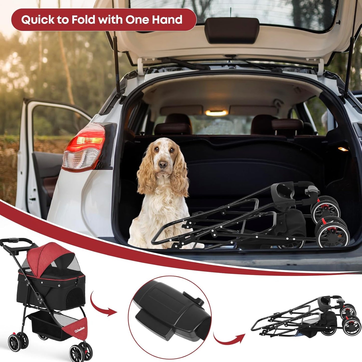 Pet Stroller,Dog Stroller for Small Medium Dogs Cats,3 Wheels,Foldable,with Breathable Mesh Canopy,Cup Holders,Easy Assembly,Red+Black