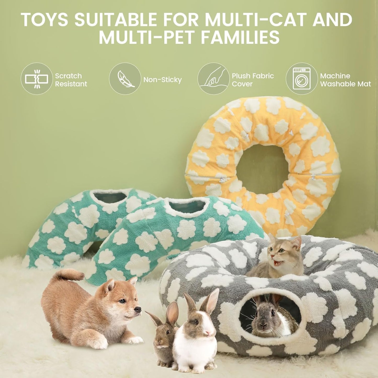 Cat Tunnel Bed for Indoor Cats,Soft Peekaboo Cave Cat Donut Tunnel with Washable Circle Cushion Central Mat, 3 Ways Shaped Round Pet Play Tunnel Toy for Kitten Puppy Rabbit Ferret Green
