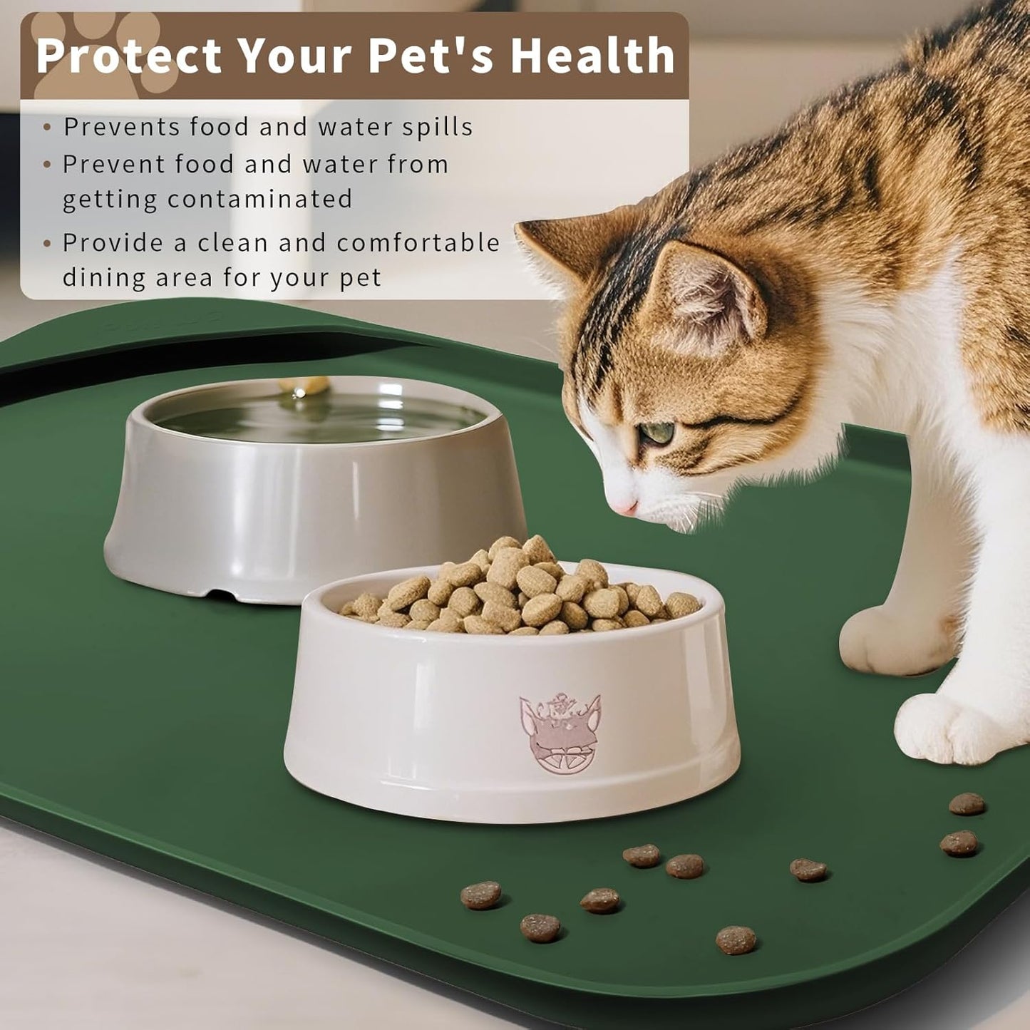 Silicone Pet Feeding Mat with Raised Edge & Residue Collection Pocket for Food and Water, Dog Bowl Mats, Cat Bowls Placemat with High Lip for Floor Waterproof, 24 x 16 x 0.8 Dark Olive
