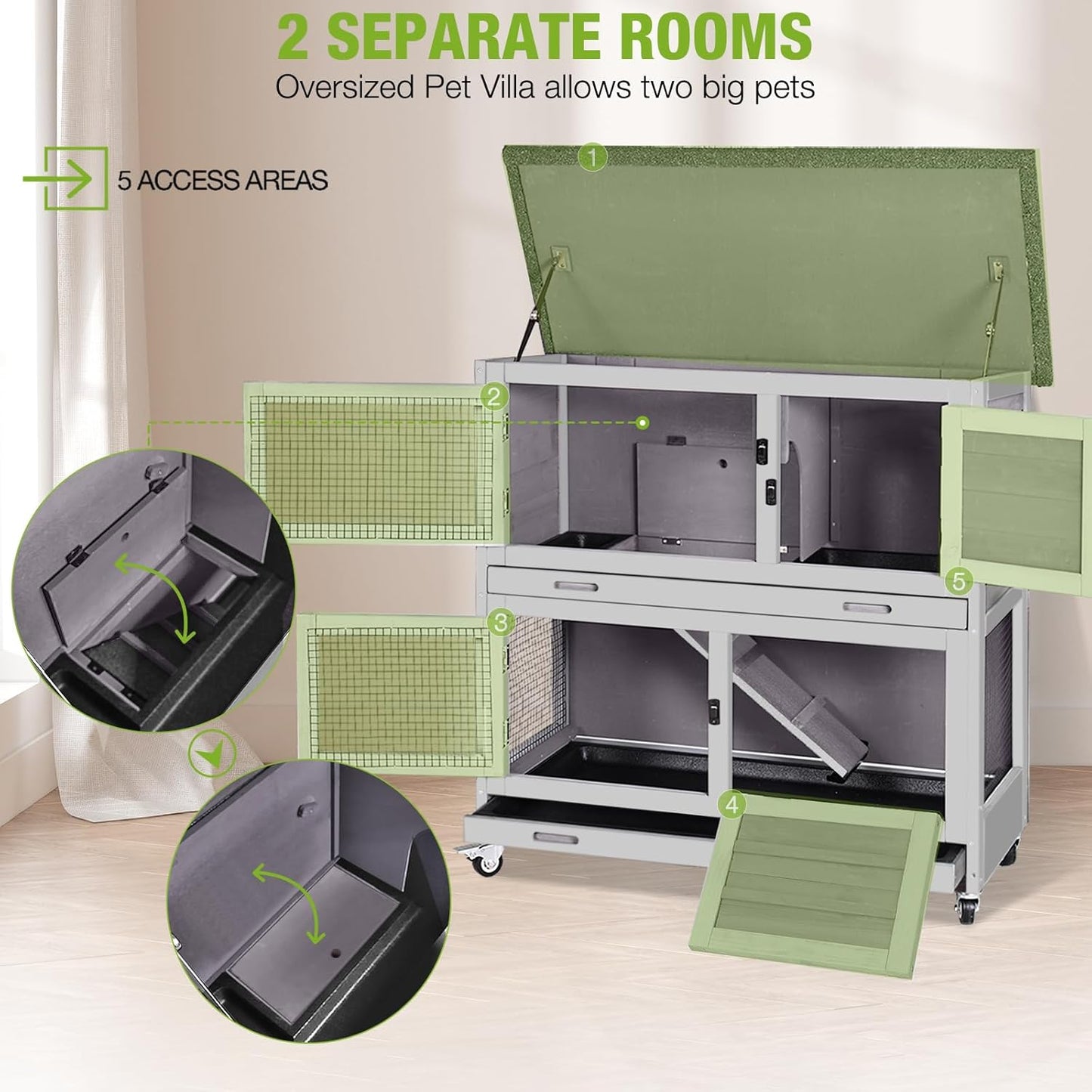 GUTINNEEN Rabbit Hutch Indoor with Chew-Proof Design, Wooden Bunny Cage Outdoor Guinea Pig Cages with Wheels, Leak-Proof Trays for Rabbits, Guinea Pigs, Small Animals