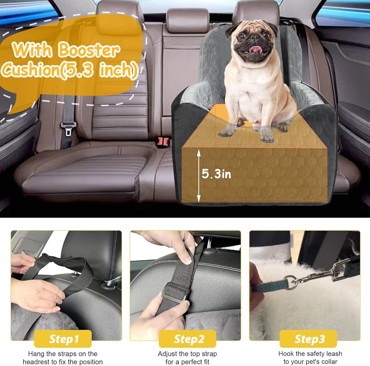 Dog Car Seat for Small/Medium Dogs, Memory Foam Dog Booster Seat, Travel Safety Per Car Seat with Washable Removable Cover, Storage Pockets, up to 35 lbs(BlackGray)