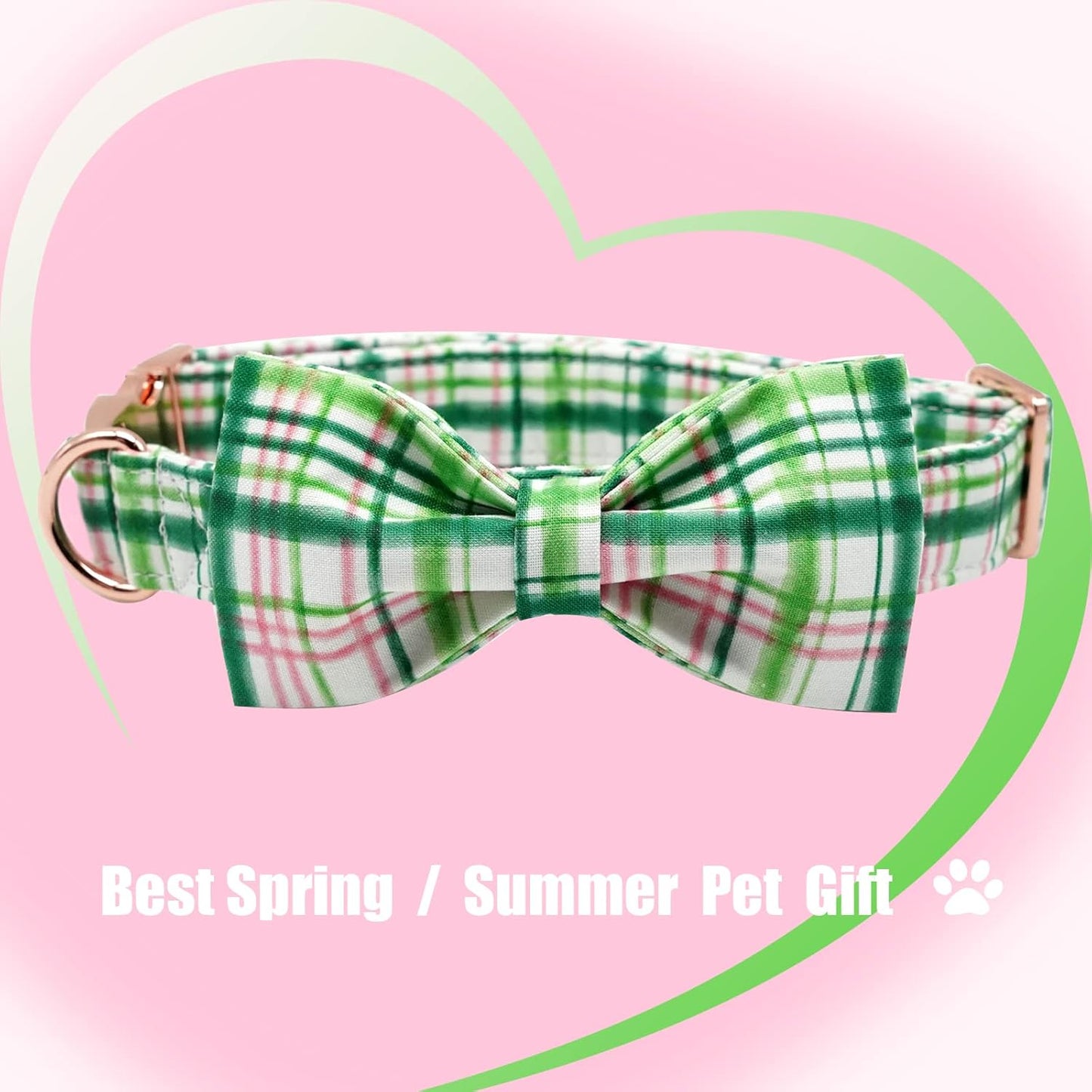 Elegant little tail Dog Collar with Bow - Pink with Green Plaid Boy or Girl Dog Collar Cute Bowtie Pet Collar Adjustable Dog Collar for Small Puppy