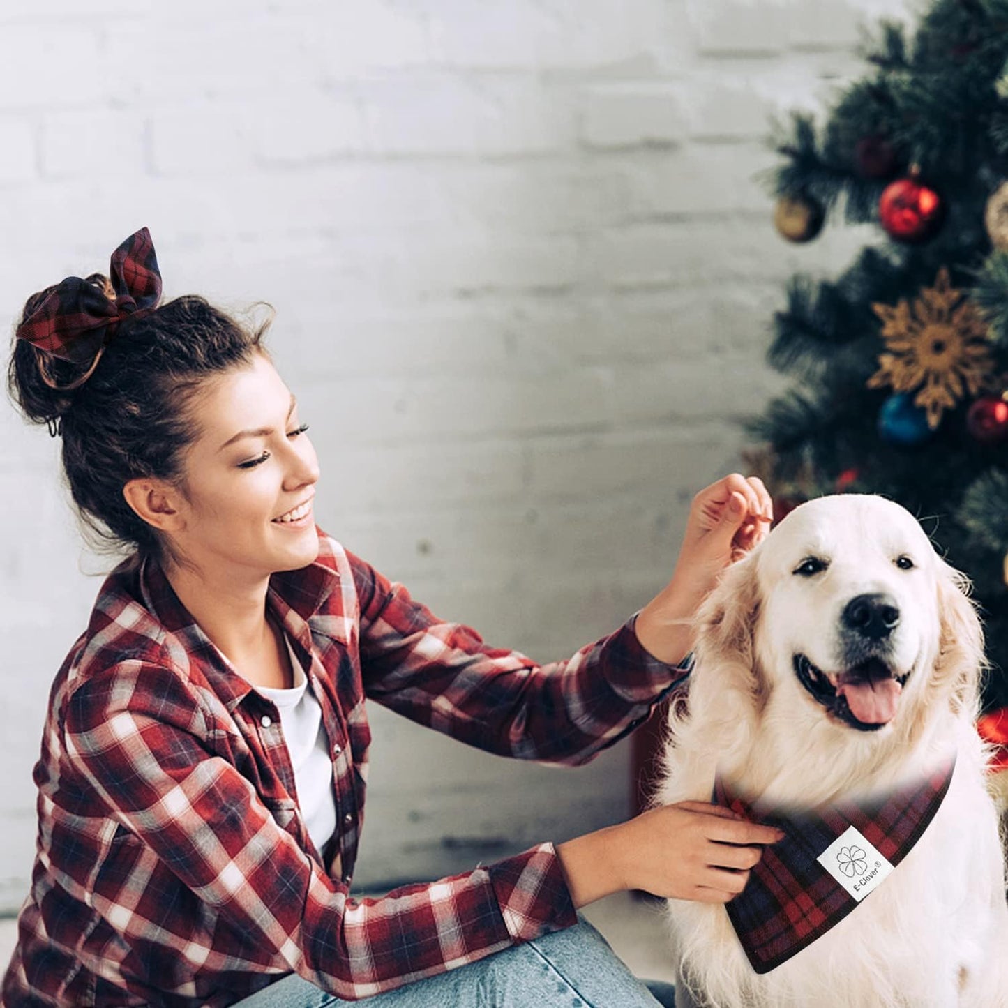 E-Clover Dog Bandanas & Matching Scrunchie Set Plaid Dog Scarf Bibs for Medium Large Dogs Girl Boy Pet Owner Gift Red Blue