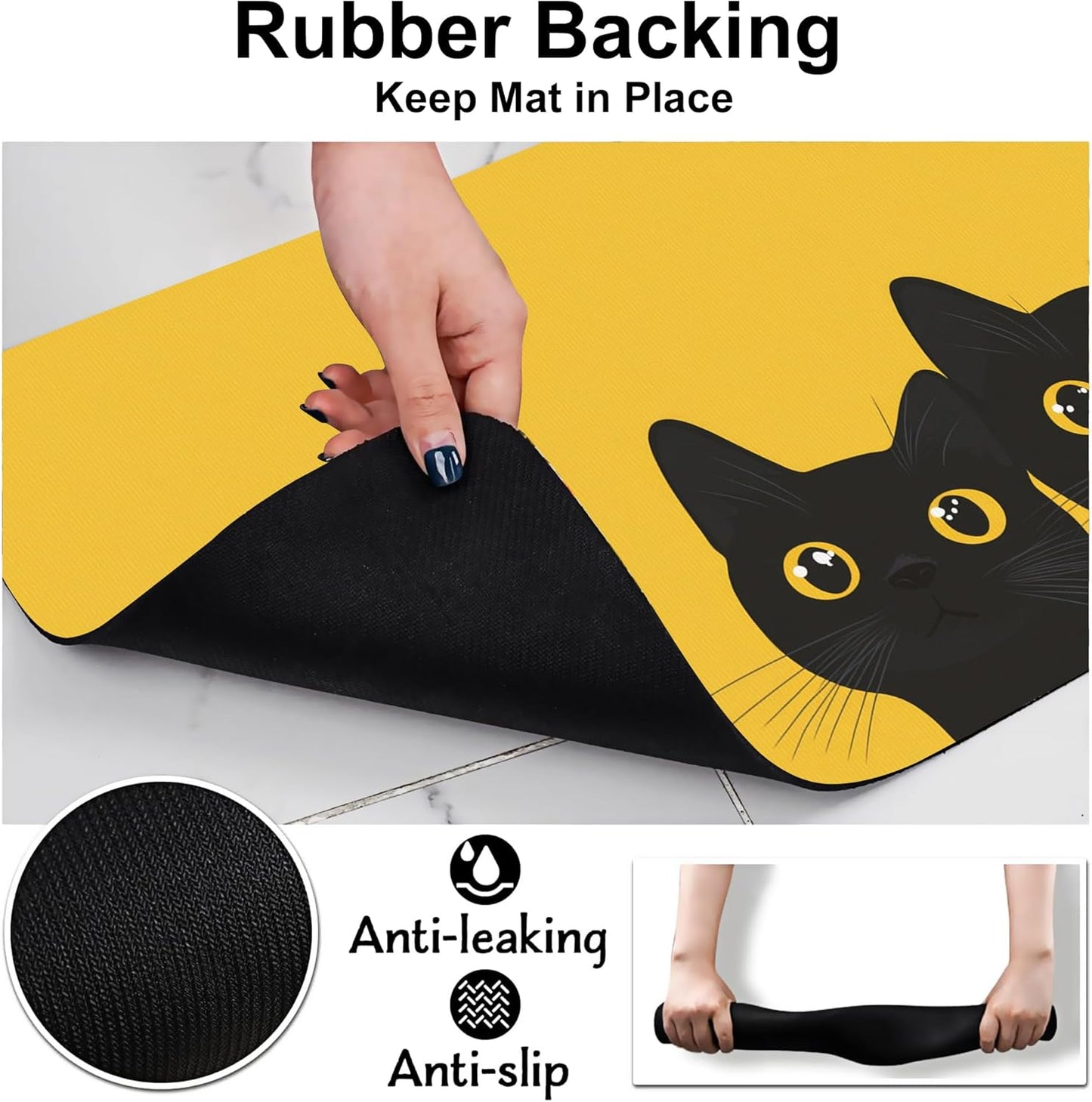 Cute Black Cat Peeking Dog Cat Food Mat-Absorbent Placemat for Food and Water Bowl, Waterproof Non Slip Rubber Backing Dog Food Mats for Floors, Pet Supplies 16 * 24 inch