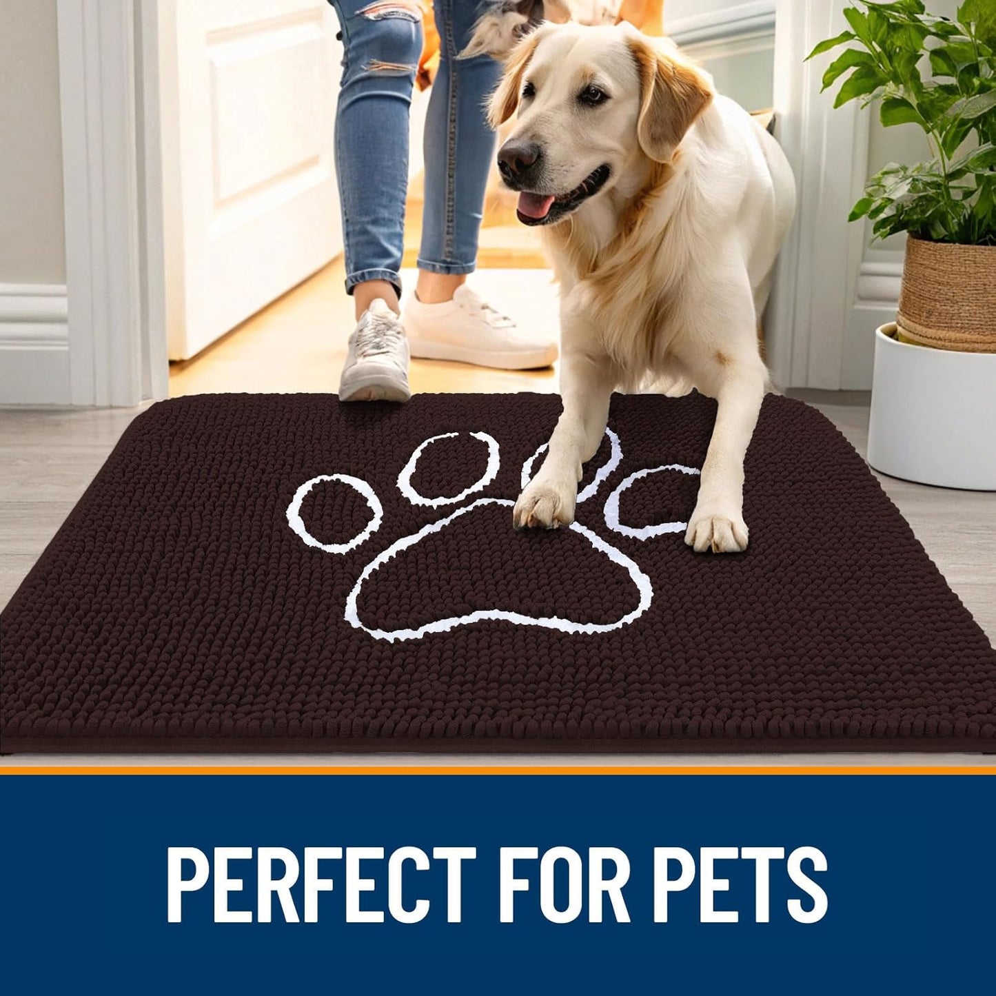 OLANLY Door Mat for Muddy Dog Paws 24x16, Ultra Absorbent Chenille Mud Doormat with Paw Print Design, Non-Slip Washable Doormat for Indoor Entryway, Quick-Dry Pet Bed Mats for Dirty Dogs, Brown