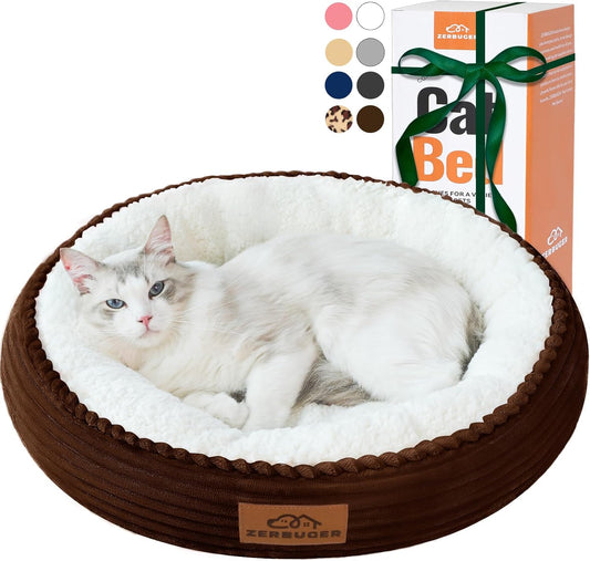 20in Washable Cat Beds for Indoor Cats - Round Donut Pet Bed for Cats, Small Dogs, Puppy, Kitten - Anti-Slip Bottom, Calming Bed Gift - Brown