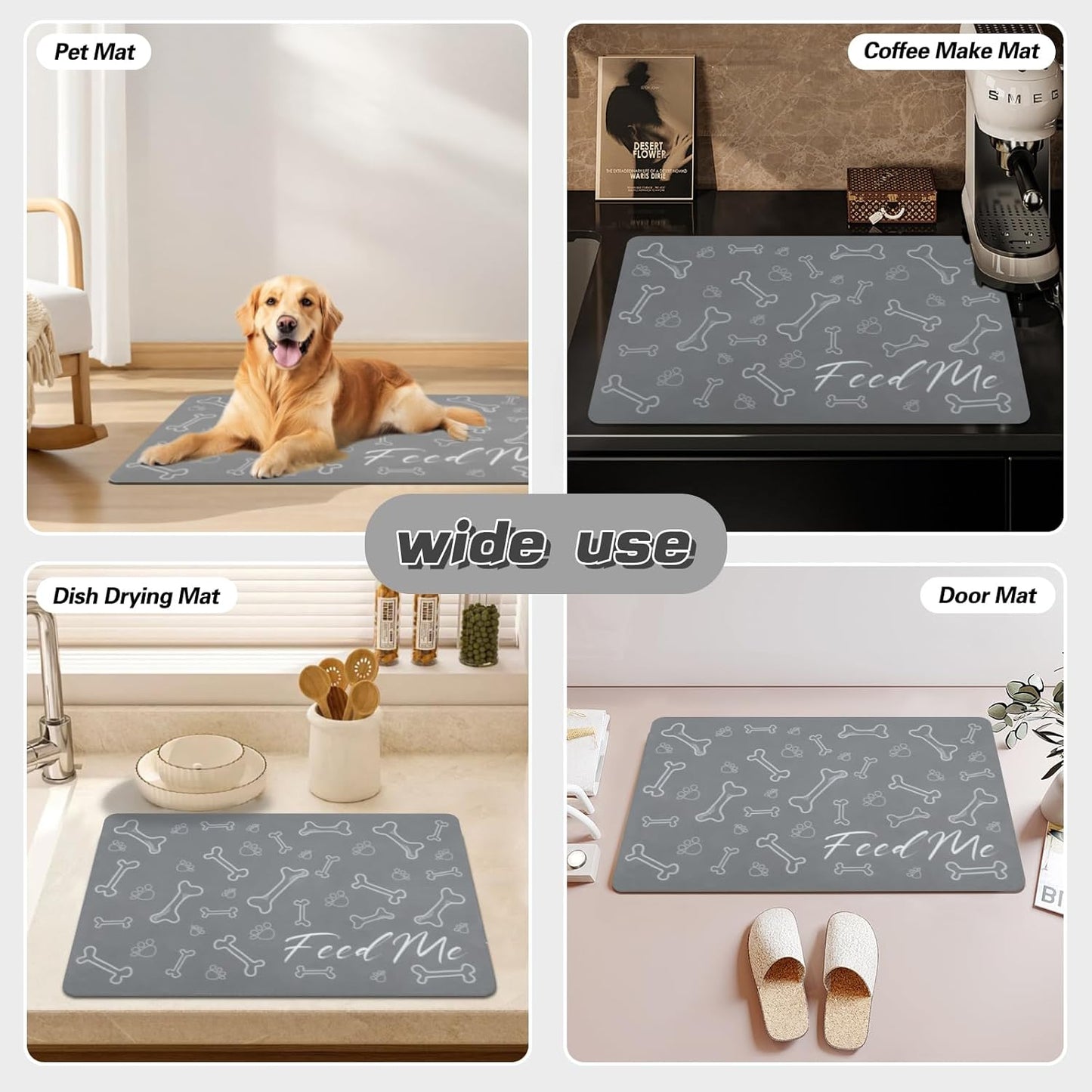 Le courant Dog Bowl Mats for Feeding, Cat Feeding Mat, Non-Slip Super Absorbent,No Stains Quick Dry Dog Water Dispenser.for Messy Drinkers.Easy Clean.Grey.Bone Printing-15.7x23.6 in