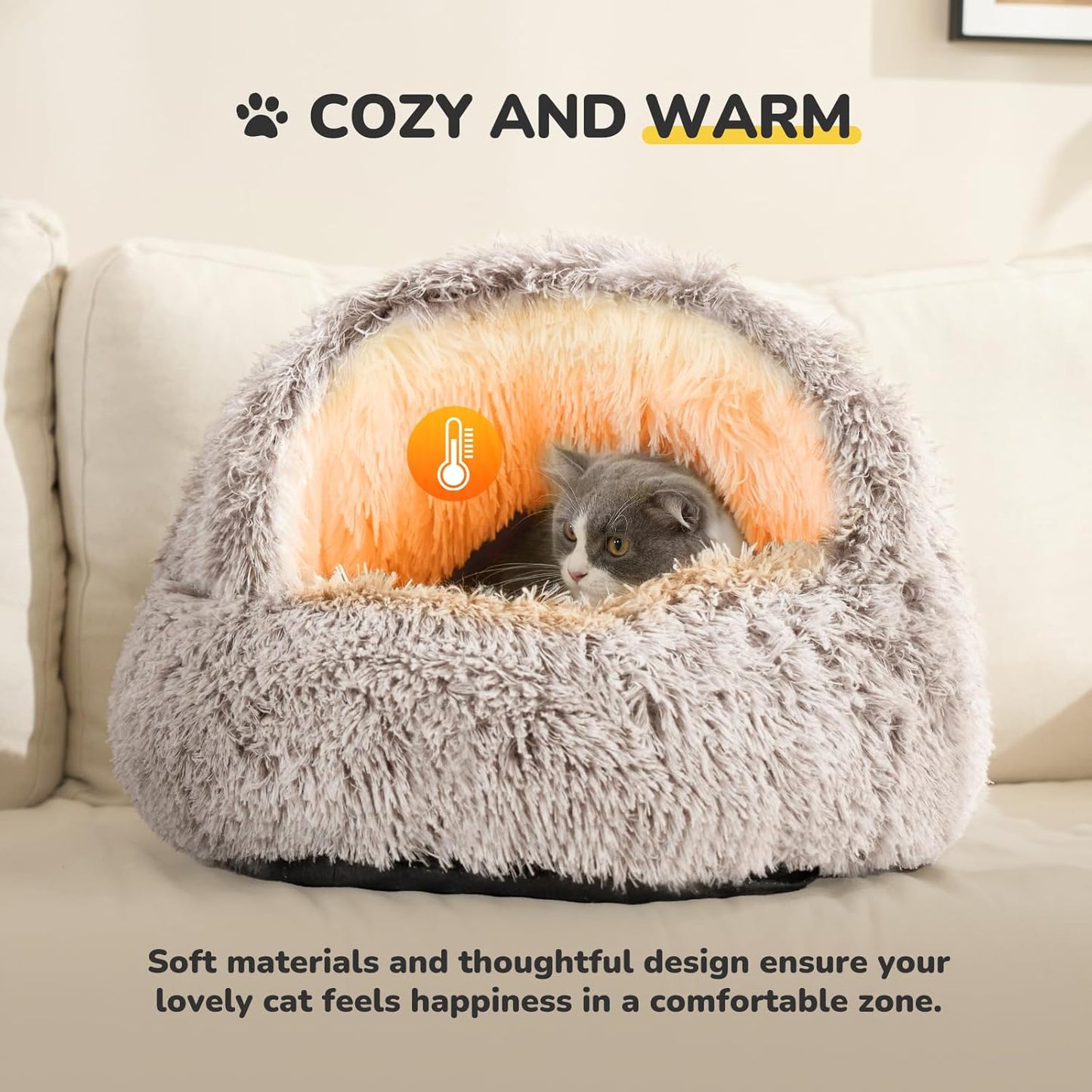 CATISM Plush Hooded Cat Bed, Calming Nest, Self-Warming Cave, Cozy Pod for Indoor Cats or Small Dogs, Removable Washable Cove With Non-Slip Bottom