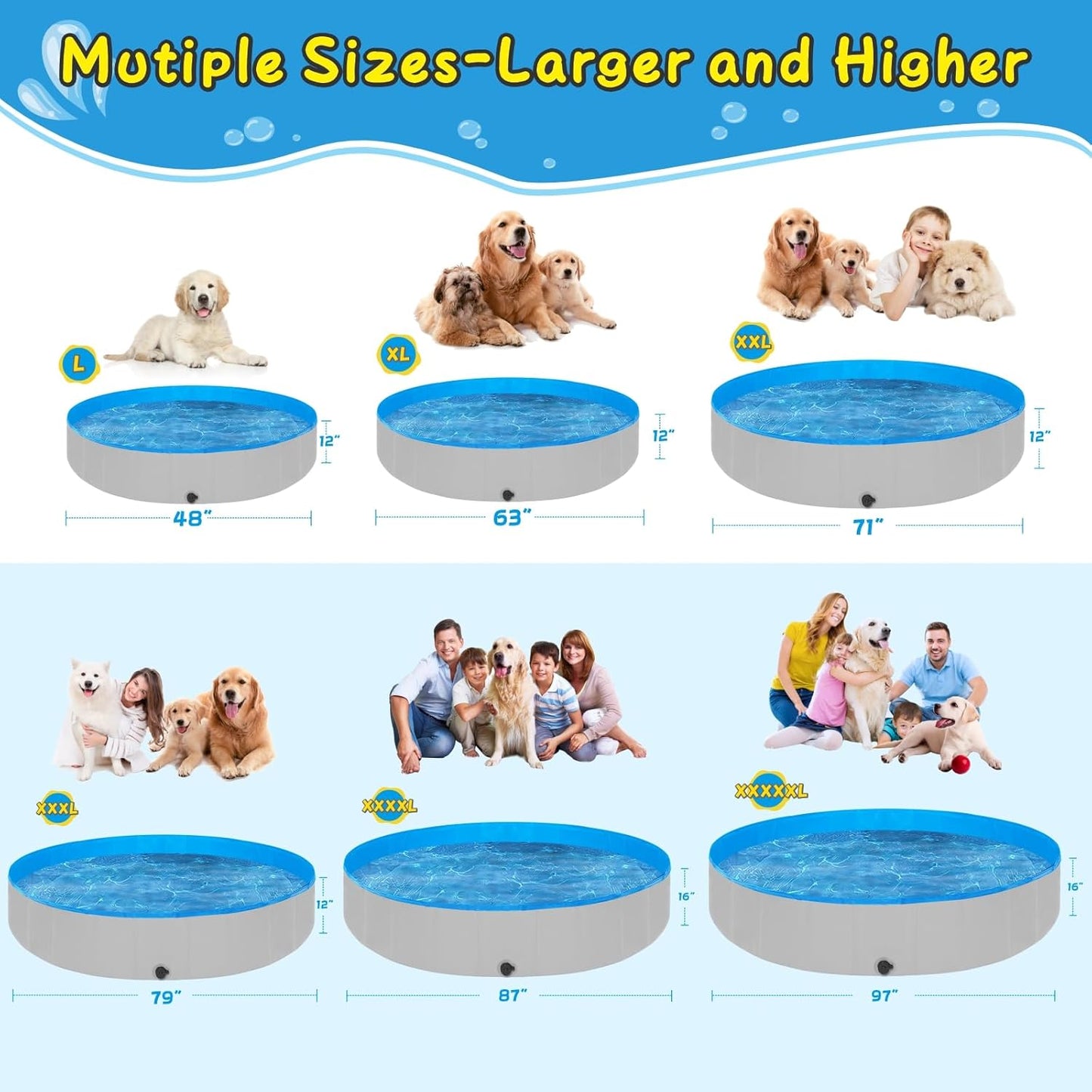Foldable Dog Pool for Large Dogs, 87"x16" Kiddie Pool Hard Plastic Dog Swimming Pool Portable, Collapsible Dogs Wading Pools & Bathing Tub, Outdoor Cooling for Pets Kids & Adult