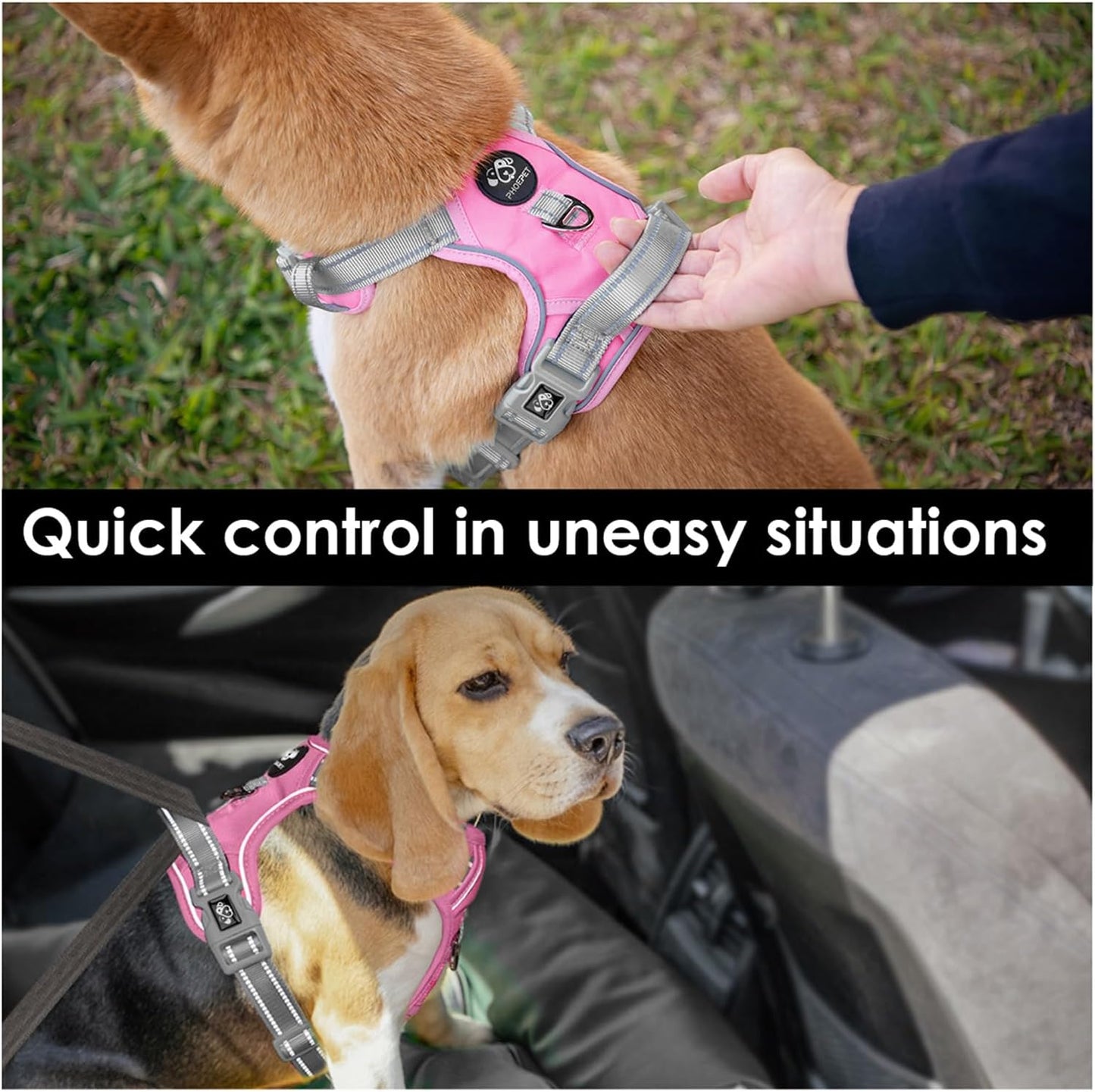 PHOEPET No Pull Dog Harness, Unique Colors Reflective Adjustable Dog Vest, with Soft Training Handle Metal Clips for Small Medium Large Dogs (Baby Pink Base & Grey Straps,M)