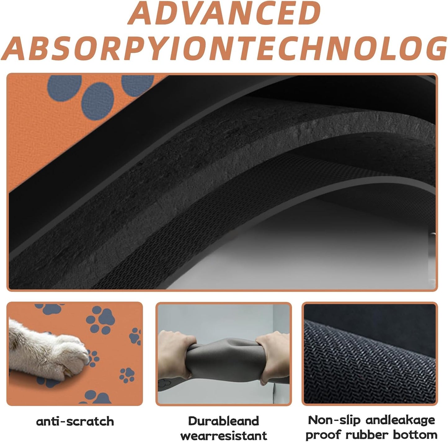 18"×30" Dog Food Mat-Absorbent Dog Mat for Food and Water, No Stains Quick Dry Cat Dog Food Bowl Mat Non Skid Dog Feeding Mat with Footprints for Messy Drinkers Orange