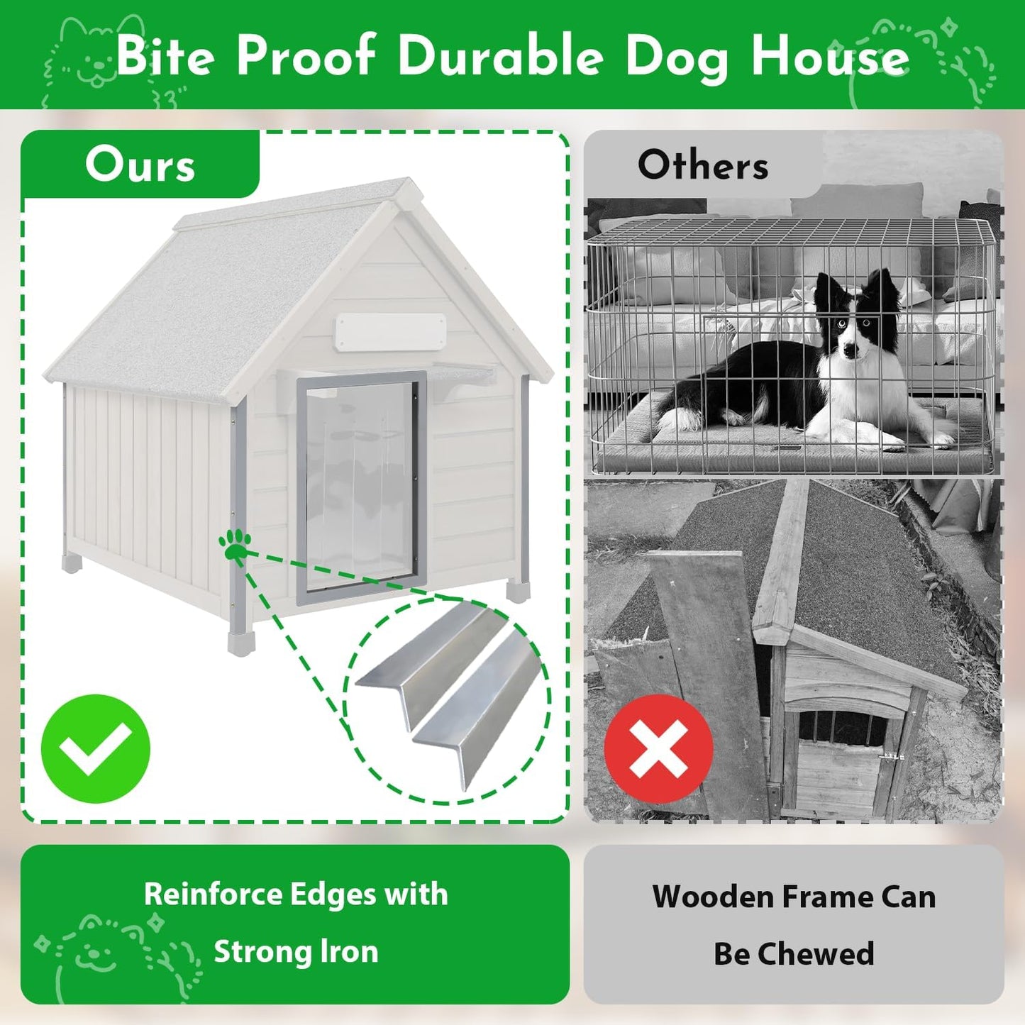 Outdoor Dog House Weatherproof Large Wooden Dog Kennel Indoor for Small Dogs with Chew-Proof Frame, Oxford Fabric Window, Removable Floor Pet Shelter (Grey, 26" D x 31.9" W x 32" H)