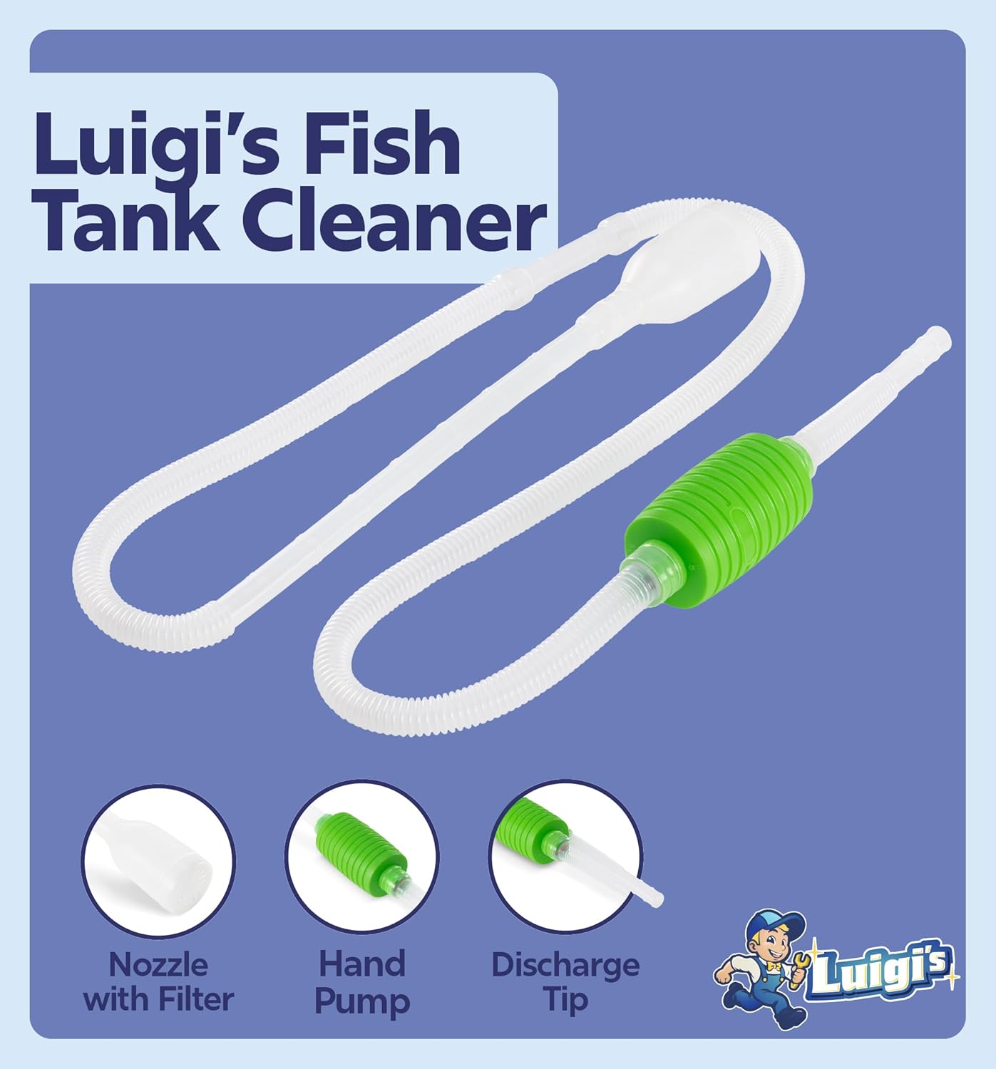 Luigi's Fish Tank Cleaner - Turtle Tank Accessories - Gravel Vacuum for Aquarium - Hand Siphon Hose to Remove and Change Water or Sand in Minutes - Aquarium Cleaning Tools