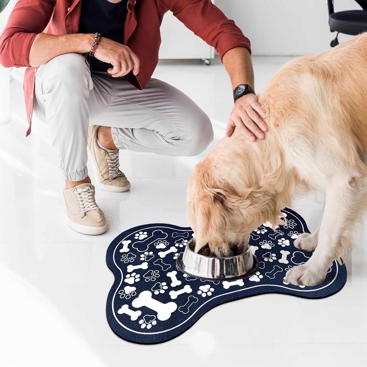 Dog & Cat Food Mat Bone Shaped Pet Feeding Mat Quick Absorb Water Bowl Placemat with Rubber Backing Indoor Floor Stain Resistant Pet Accessory Supplies (Blue, 12x18 Inches)