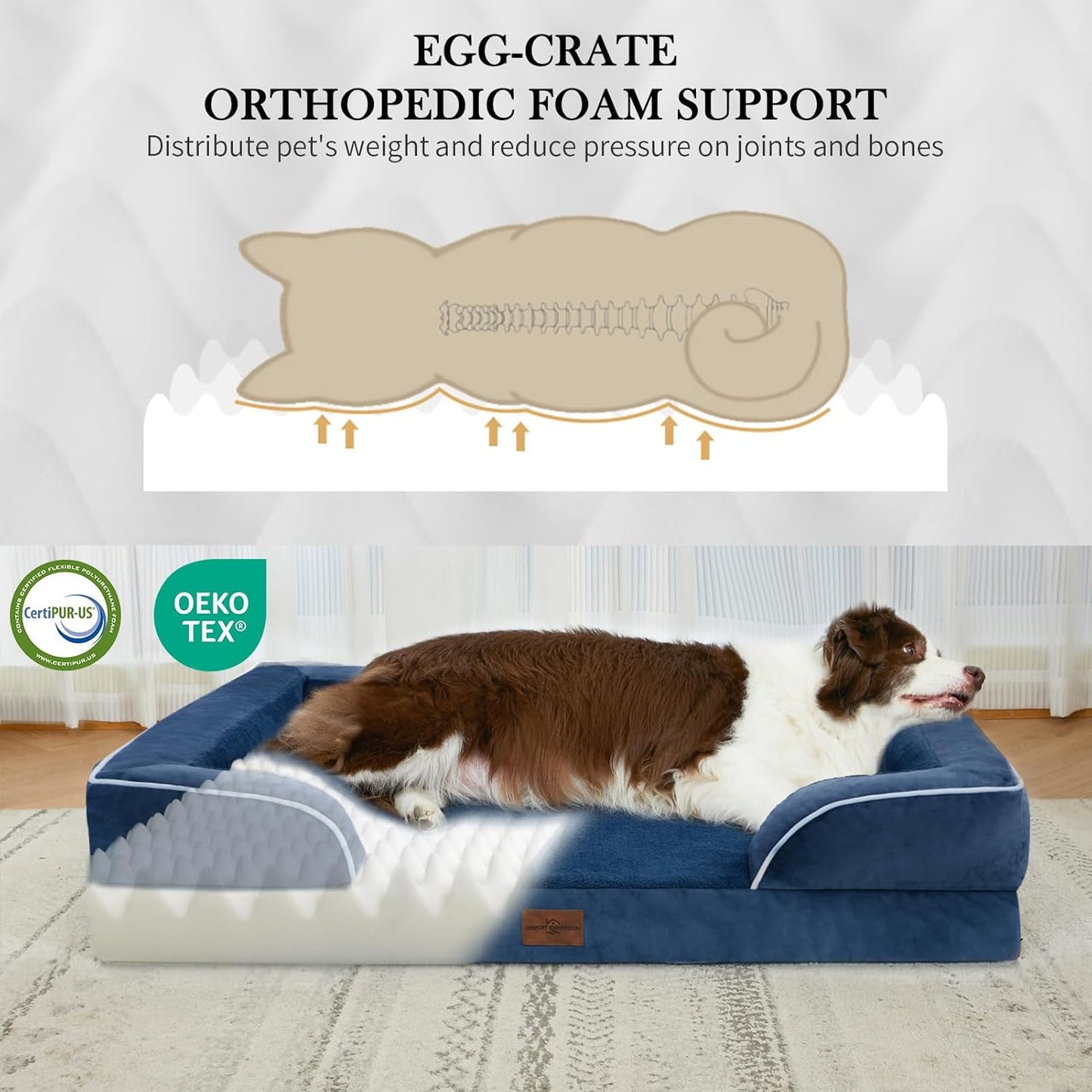 Comfort Expression Large Dog Beds Waterproof Orthopedic Foam Dog Sofa Beds Comfy Pet Bed with Washable Removable Cover & Non-Slip Bottom(Large,Navy Blue)