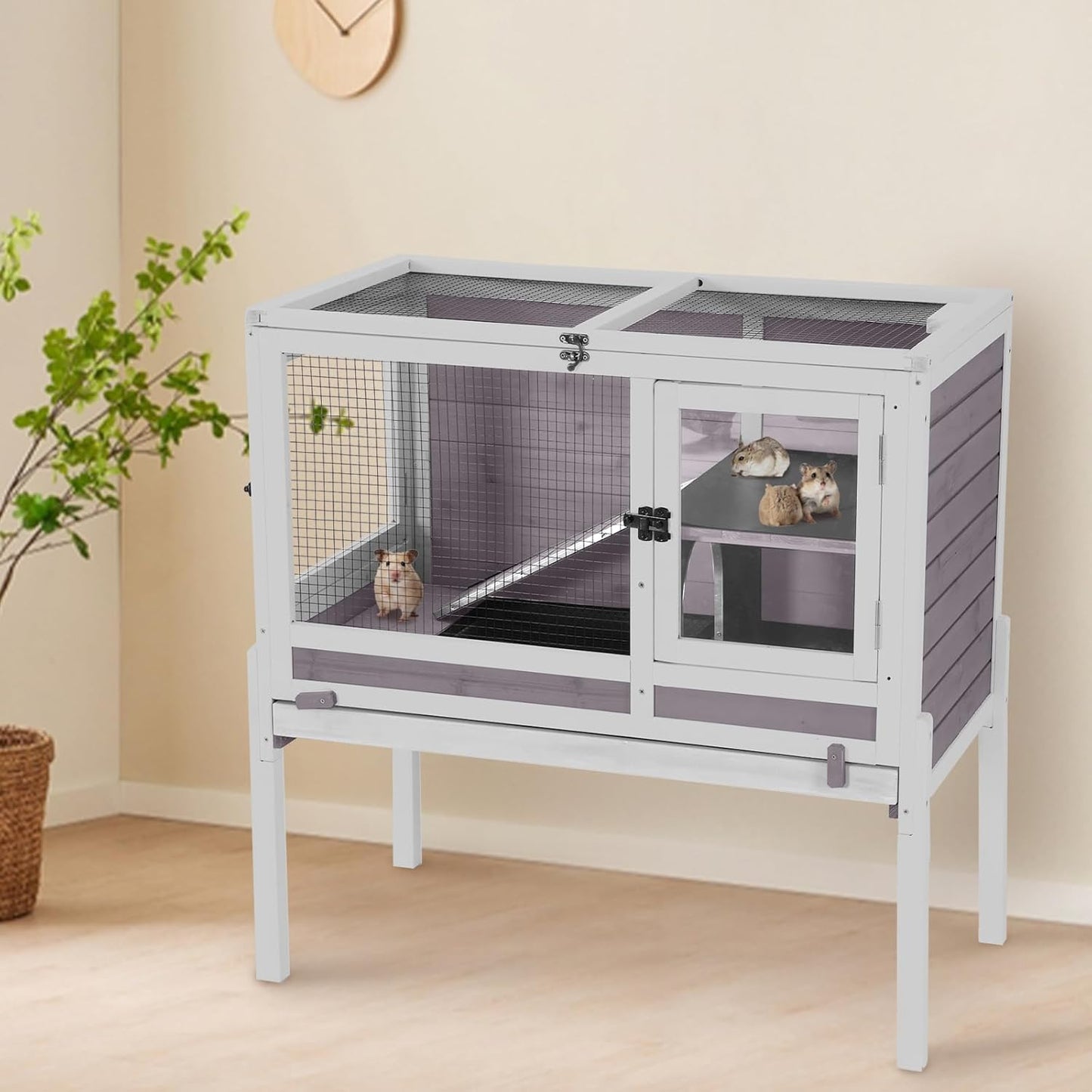 AIVITUVIN Wooden Guinea Pig Cage Indoor with Cooling Plate and Anti-Chewing Edges Two-Story Rabbit Hutch Pull Out Tray Outdoor Rabbit Cage with Raised Stand and Wire Mesh Small Animals Cage (Grey)