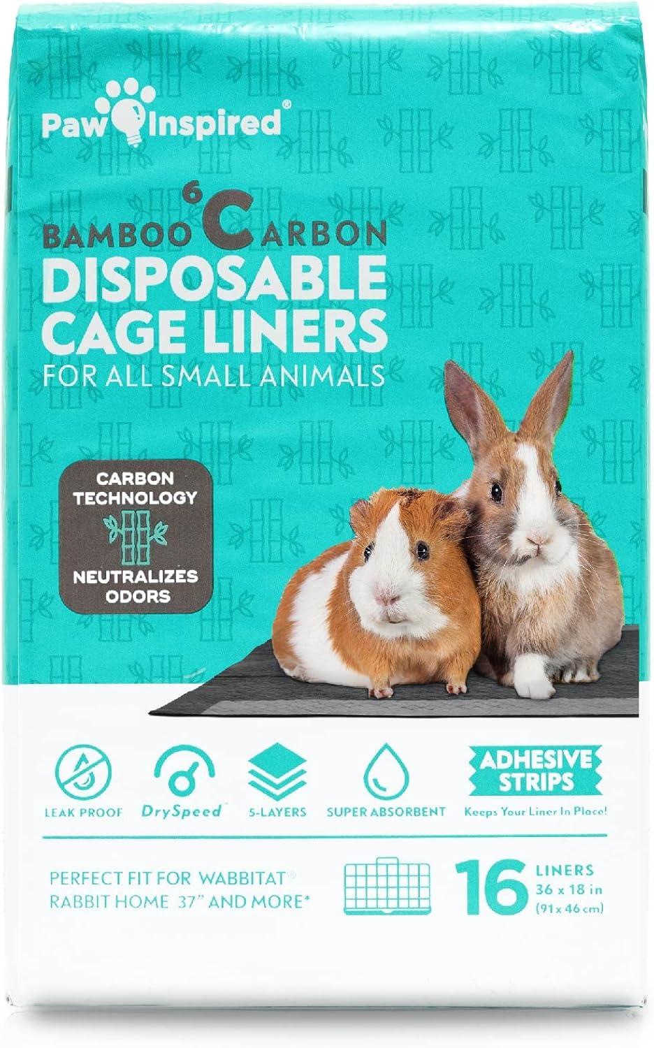 Paw Inspired Disposable Guinea Pig Cage Liners | Bamboo Charcoal Odor Controlling | Super Absorbent Liners Pee Pads for Ferrets, Rabbits, Hamsters, and Small Animals (36x18 (Wabbitat 37") - 16 ct)