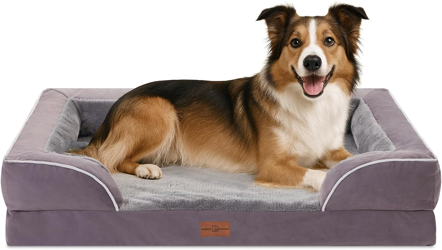 Comfort Expression Large Dog Beds Waterproof Orthopedic Foam Dog Sofa Beds Comfy Pet Bed with Washable Removable Cover & Non-Slip Bottom(Large,Purple)