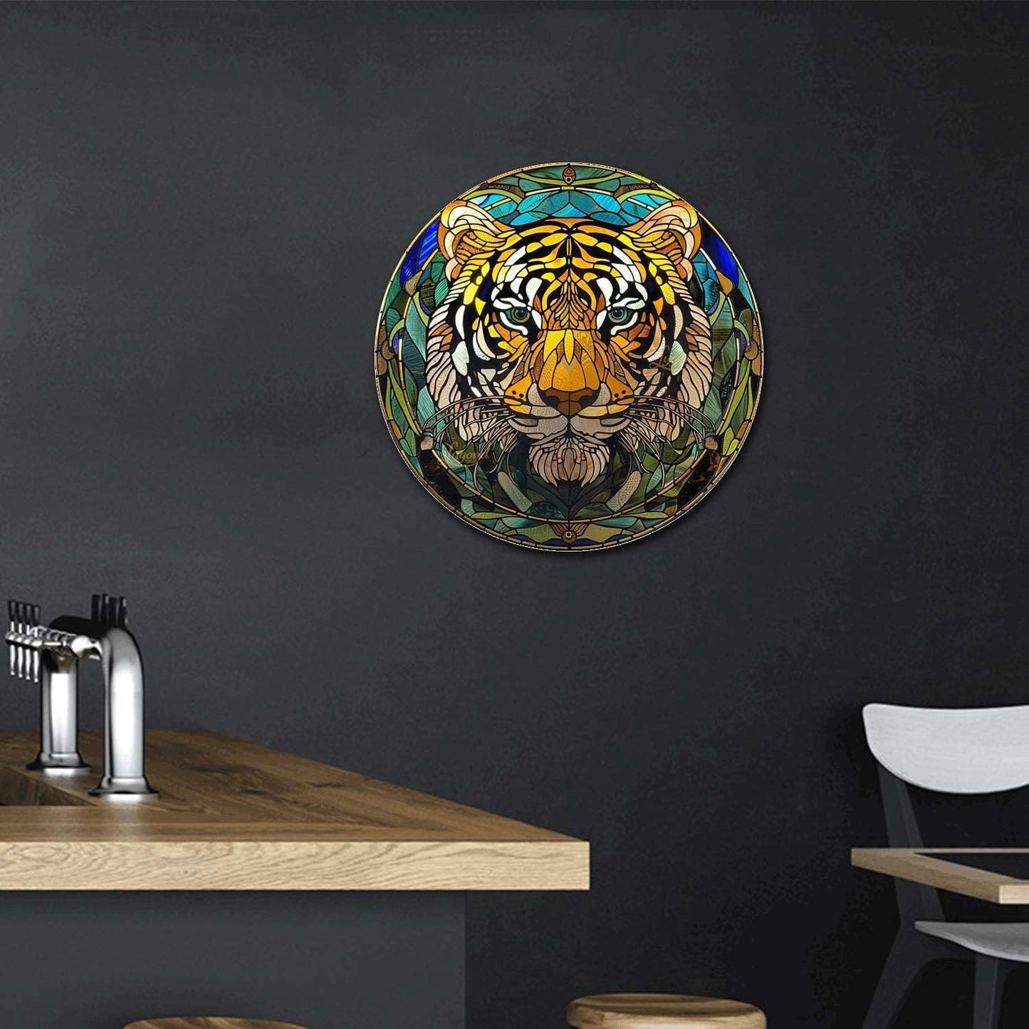 Lygond Metal Sign Tin Sign Circular Stained Glass Tigle Gardening Poster For Garage 12×12 Inches